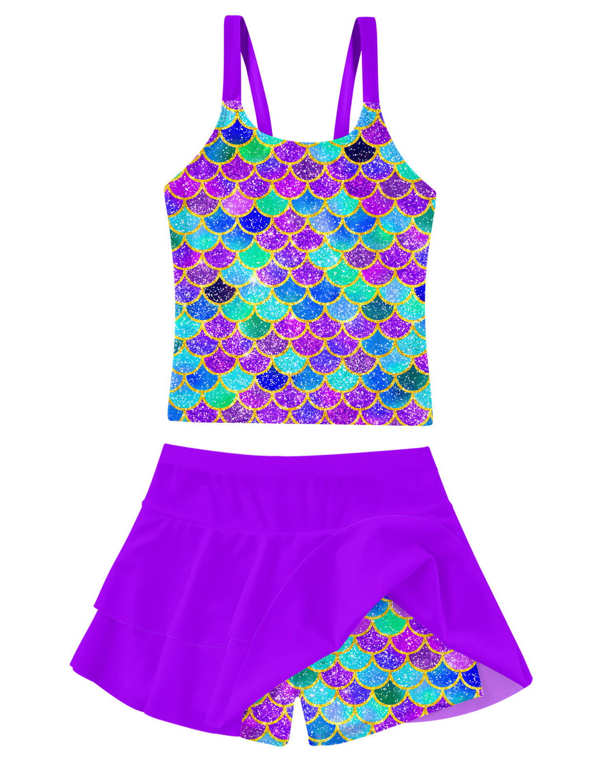 thumbnail video image 2 of Lanbubble Girls Tankini Swimsuit Two Piece Bathing Suits Summer Beach Swimwear with Skirt Shorts Mermaid Scale 7-12Y, 2 of 9