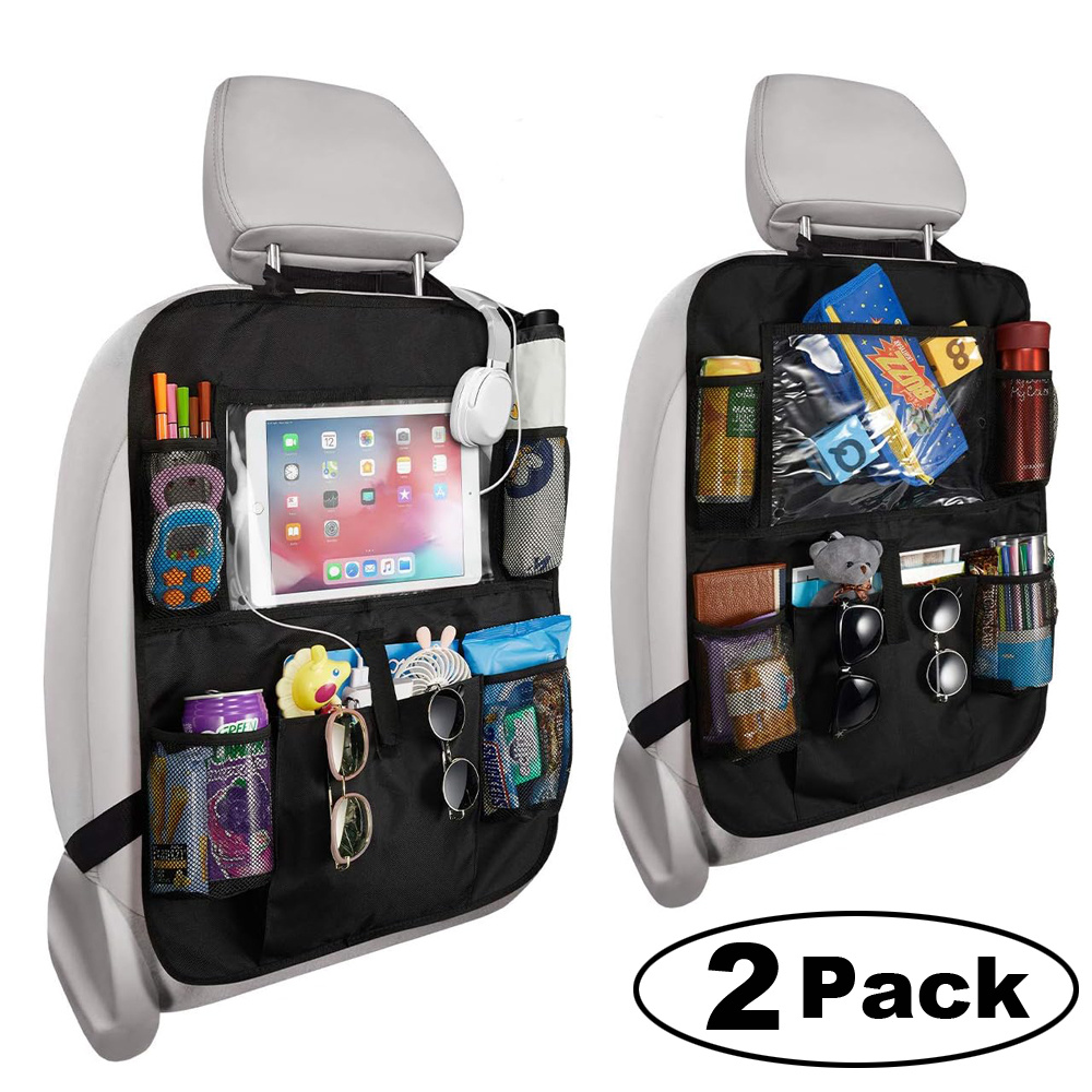 thumbnail video image 2 of Car Headrest Backseat Organizer with Tablet Holder - Multi-Functional Seat Back Storage Bag with Drink Pocket, Food Snack Phone Tray for Kids, Family Travel Accessories, 2 of 8