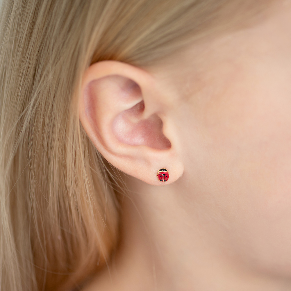 thumbnail video image 2 of 14k Yellow Gold 5mm Pink Enamel Ladybug Screw Back Earrings for Toddler Girls, 2 of 6