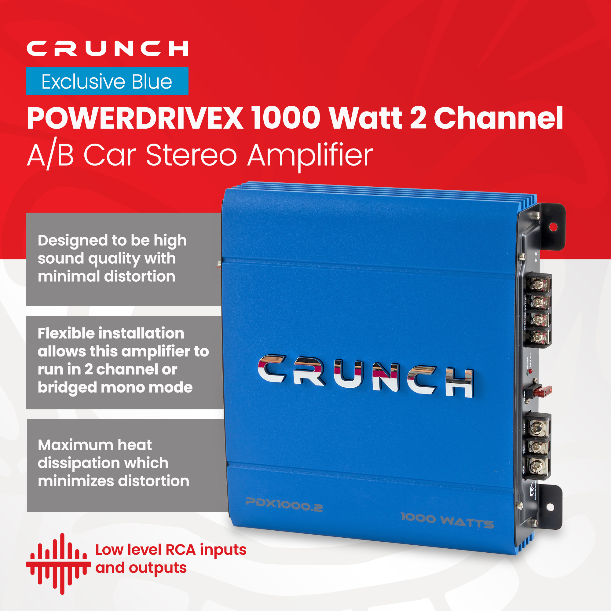 thumbnail video image 2 of Crunch PowerDriveX 1000 Watt 2 Channel Exclusive Blue A/B Car Stereo Amplifier, 2 of 11