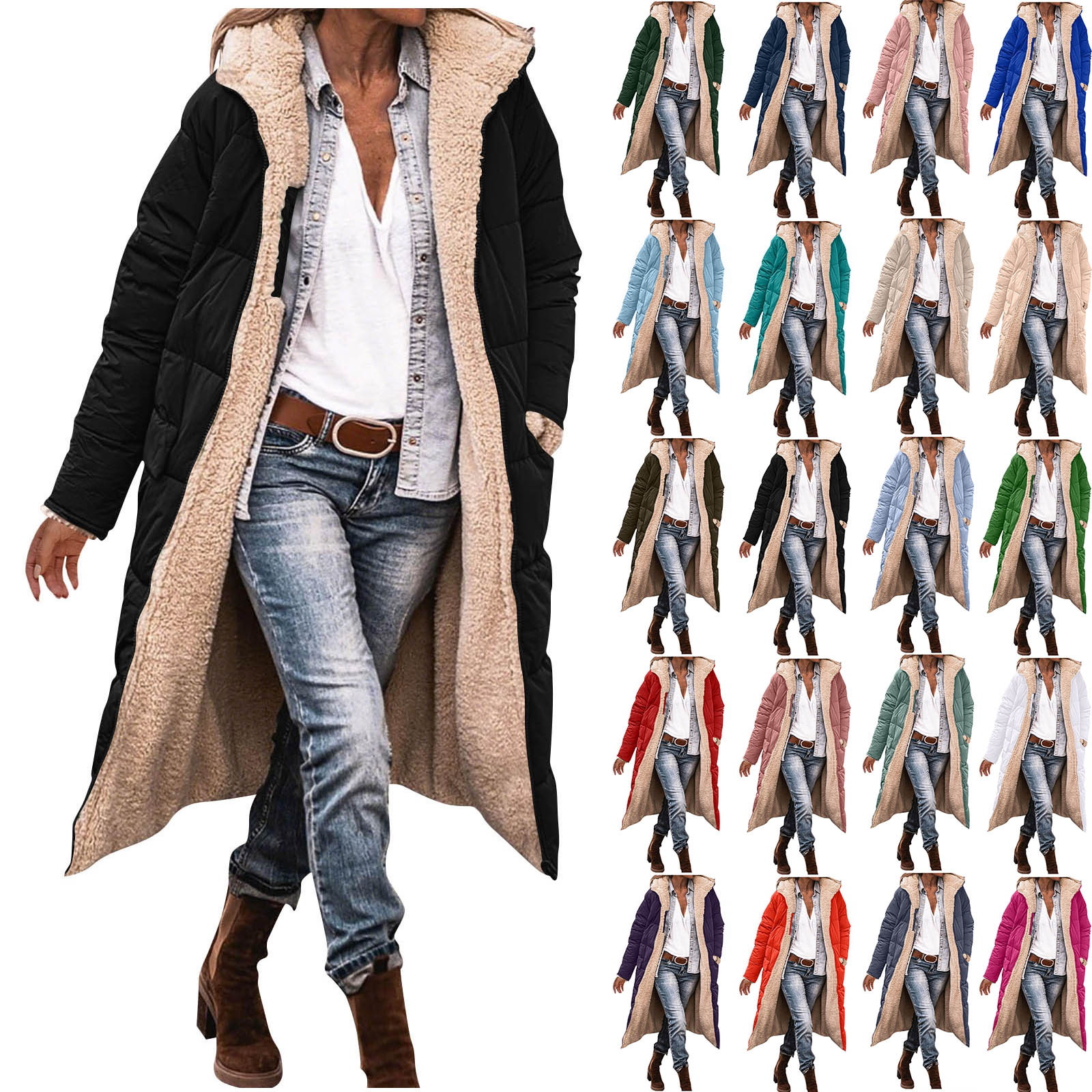 thumbnail video image 2 of HAOTAGS Women Thickened Long Fleece Jacket, Winter Long Sleeve Cotton Coat Zip Jacket with Pockets Black S, 2 of 6