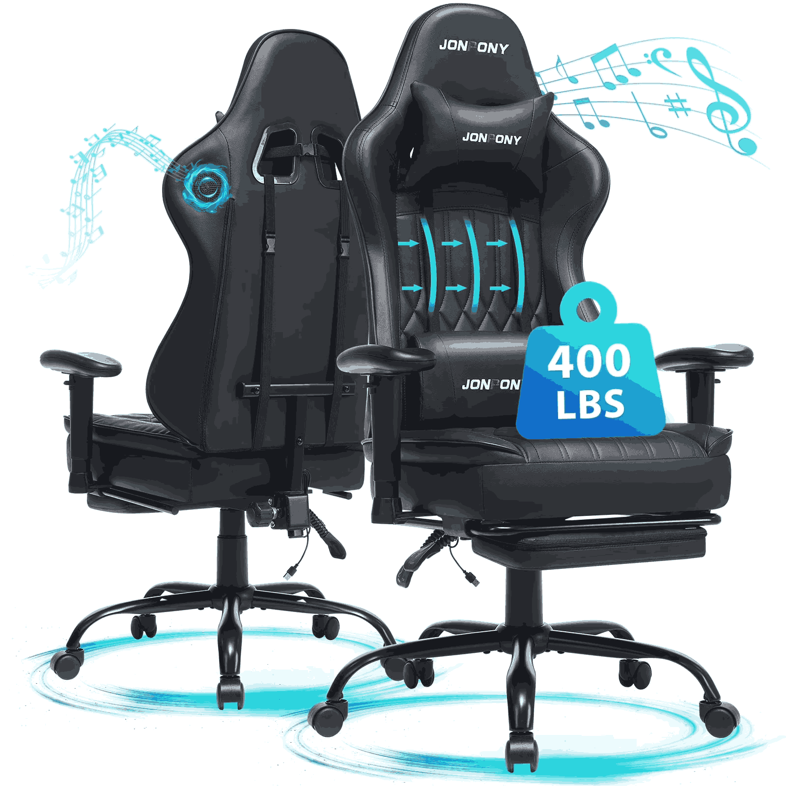 thumbnail video image 2 of JONPONY Big and Tall 400lbs Gaming Chair with Bluetooth Speakers, Gamer Chair with Footrest and Lumbar Support & 360-Swivel Seat, Ergonomic Gamer Chair with Headrest, Black, 2 of 9