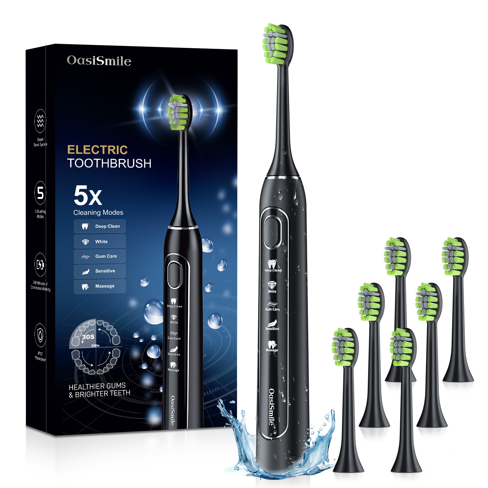 thumbnail video image 2 of OasiSmile Sonic Electric Toothbrush for Adults and Teens, 5 Modes 42000 Vpm Travel Toothbrush Rechargeable with 6 Brush Heads, 90 Days Battery, Black, 2 of 9