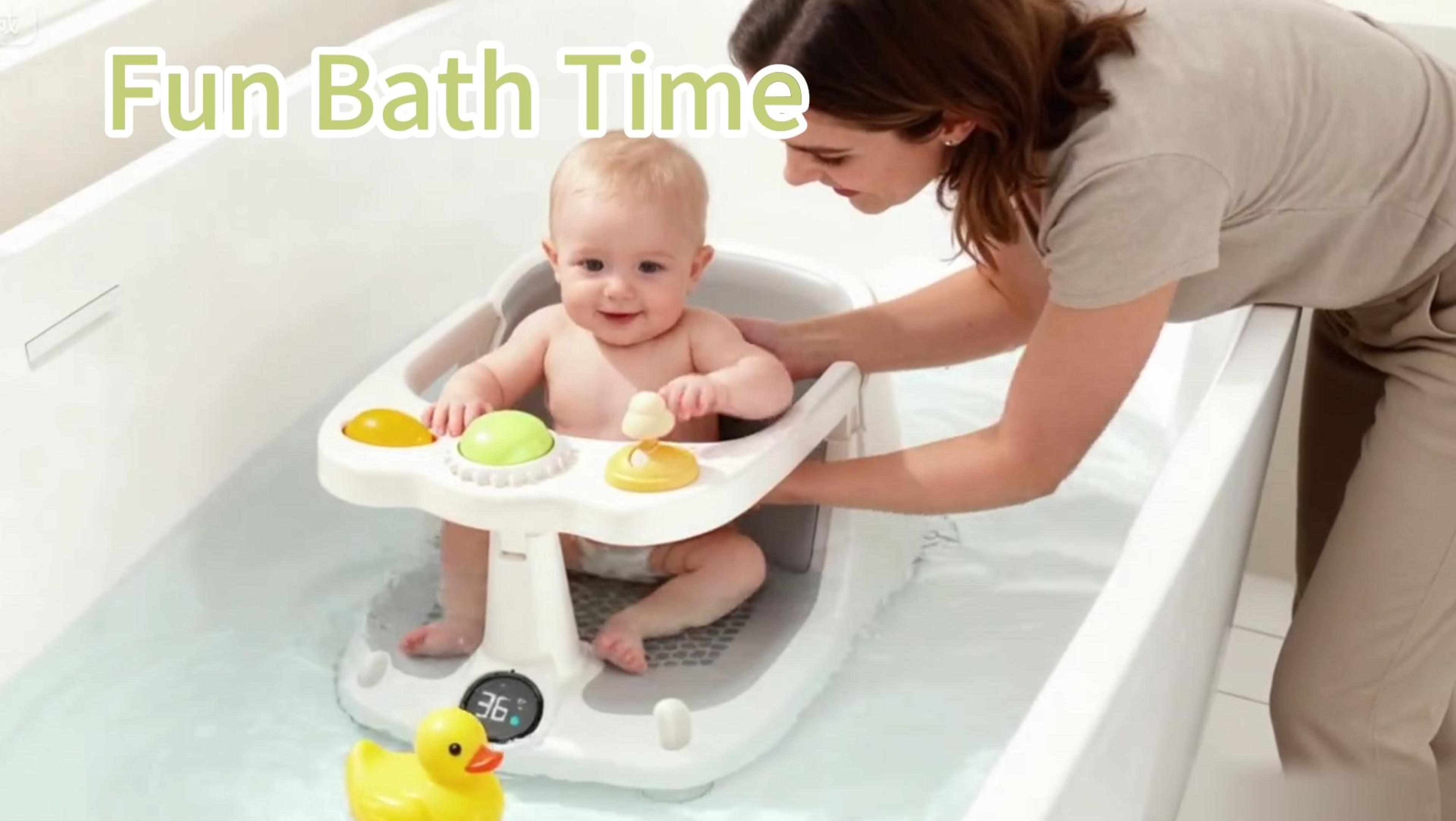 thumbnail video image 2 of Oioane Baby Bath Seat for Babies 6 Months and Up, Baby Bathtub Seats with Thermometer, Soft Cushion, Non-Slip Design, Toy, Gray, 2 of 10