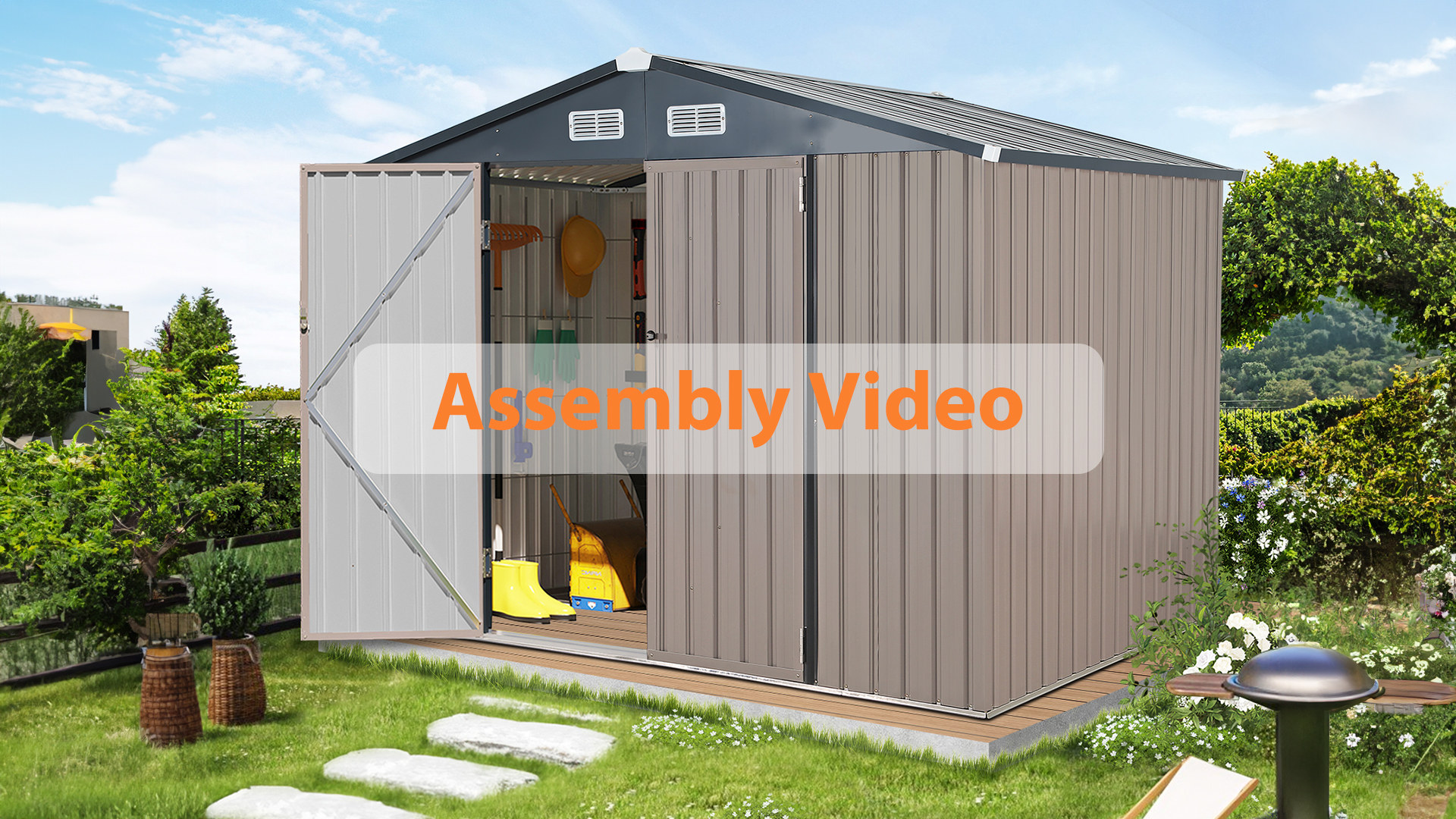 thumbnail video image 2 of JOIVI 8'x6' Outdoor Storage Shed, Galvanized Metal Tool Storage Shed, Weather Resistant Garden Shed W/Lock for Backyard Patio Lawn, Brown, 2 of 11