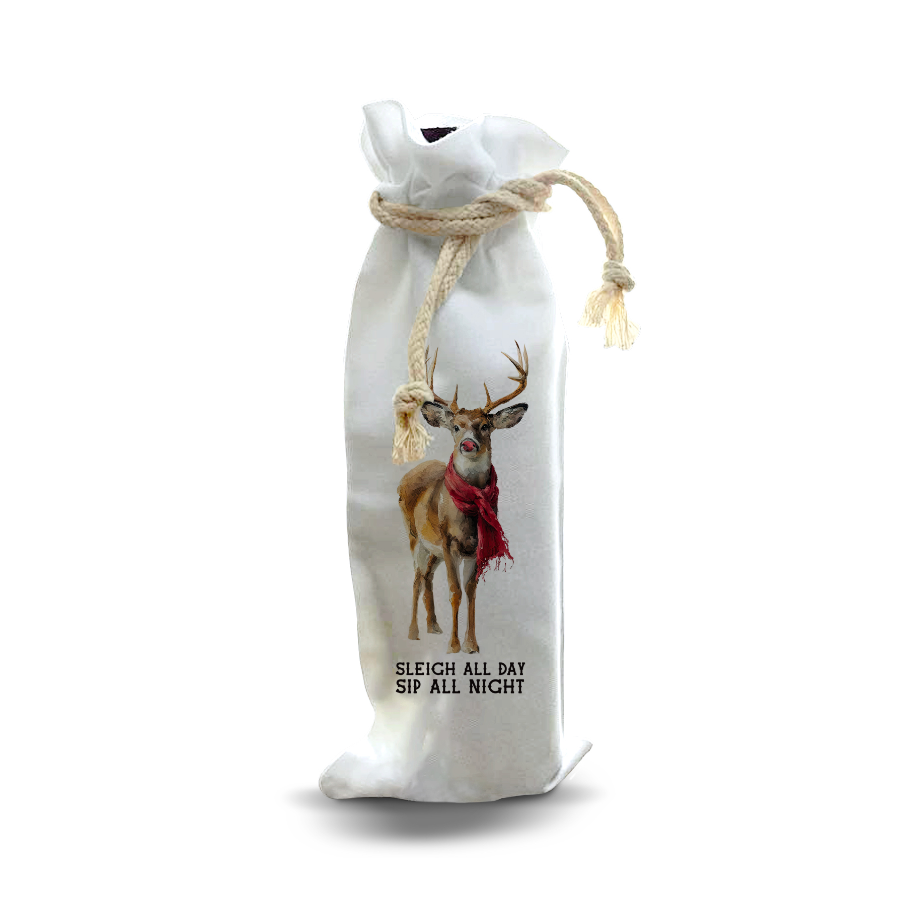 thumbnail video image 2 of Jolitee Reusable Canvas Wine Bottle Gift Bag – “Sleigh All Day” – Cozy Reindeer Holiday Bottle Wrap, 2 of 6
