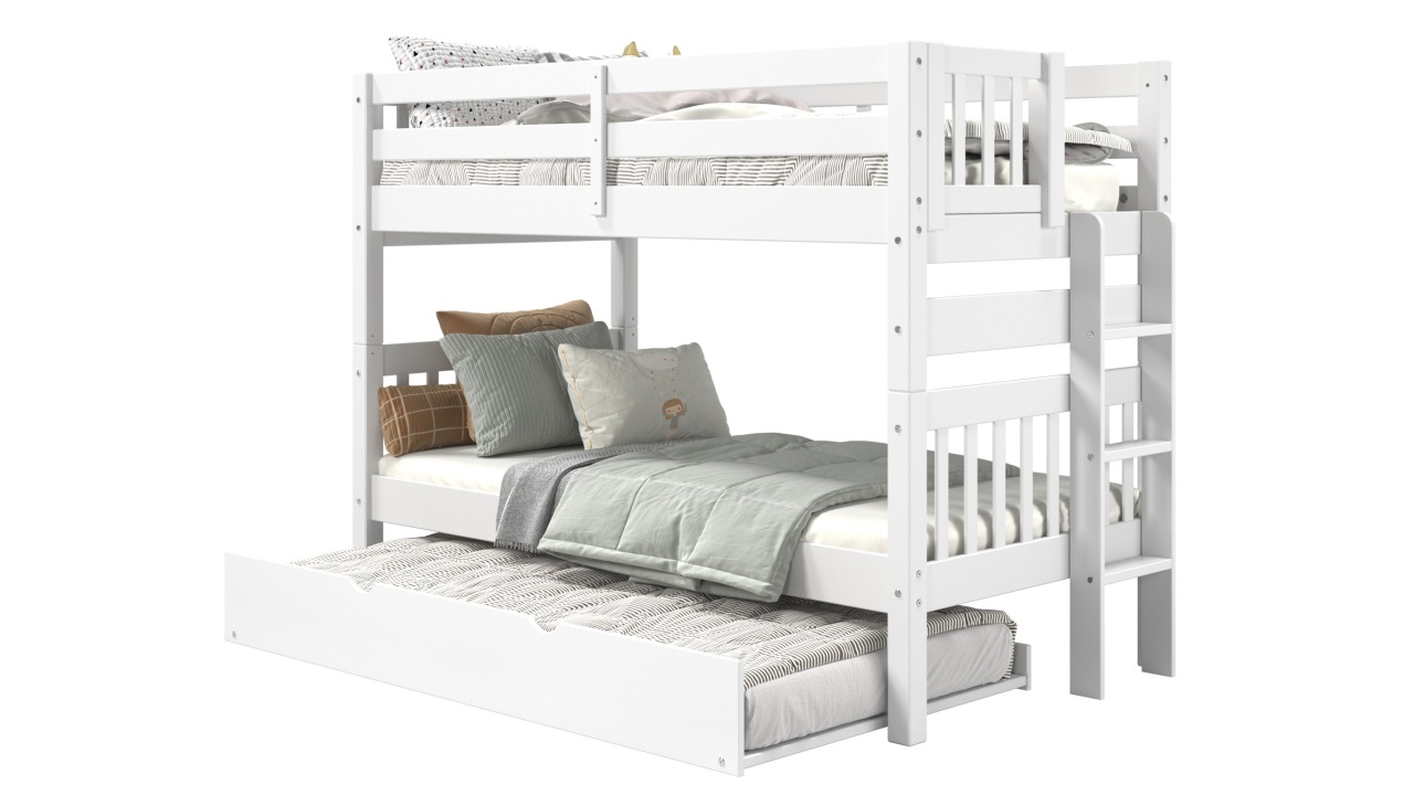 thumbnail video image 2 of Bedz King Bunk Beds Twin over Twin Mission Style with End Ladder and a Twin Trundle, White, 2 of 10