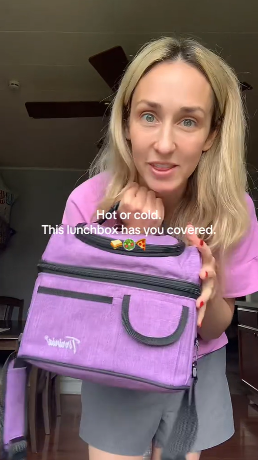 thumbnail video image 2 of Tirrinia Insulated Lunch Box for Men Women, Leakproof Thermal Bento Lunch Bag Cooler Tote, Dual Compartment with Shoulder Strap, 10.3" x 7.5" x 8.6", Purple, 2 of 8
