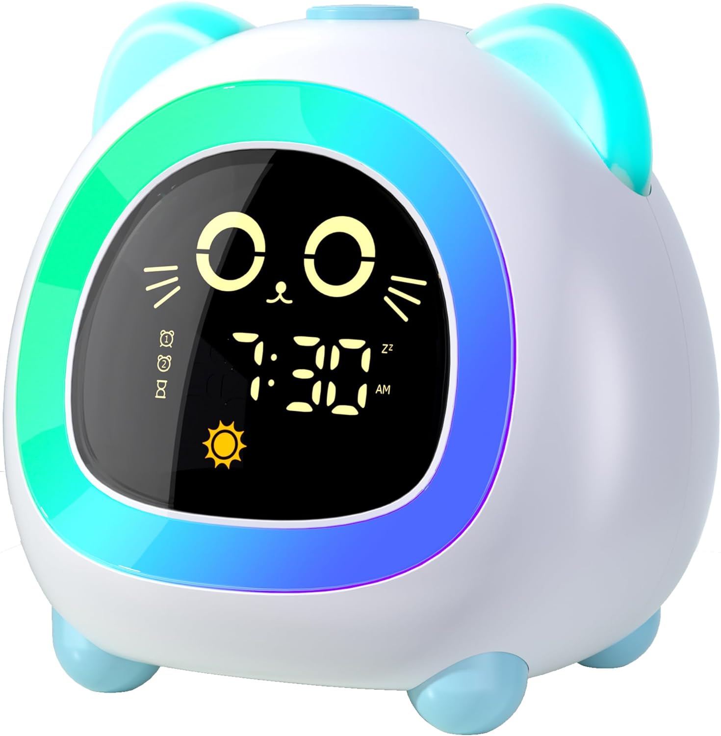 thumbnail video image 2 of Sailstar Kids Alarm Clock, Ok to Wake Sleep Training Clock with Night Light, Dual Alarm, Auto-Off Display, Blue Cat Design, 2 of 9