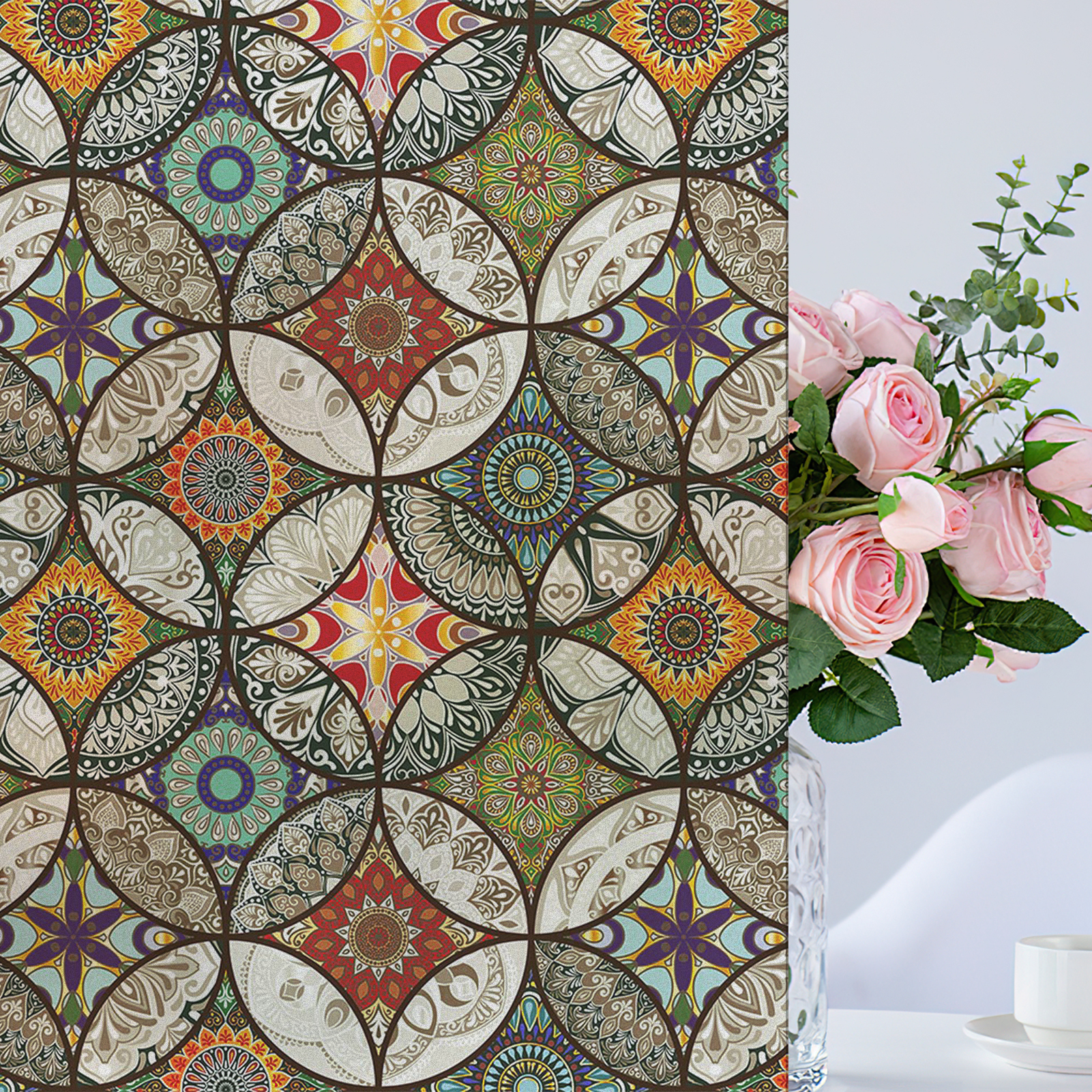 thumbnail video image 2 of DKTIE 17.7"x78.7" Bohemian Style Decorative Sunshade Privacy Window Film, UV & Heat Protection, Static Cling & Removable | for Home, Balcony, 2 of 9