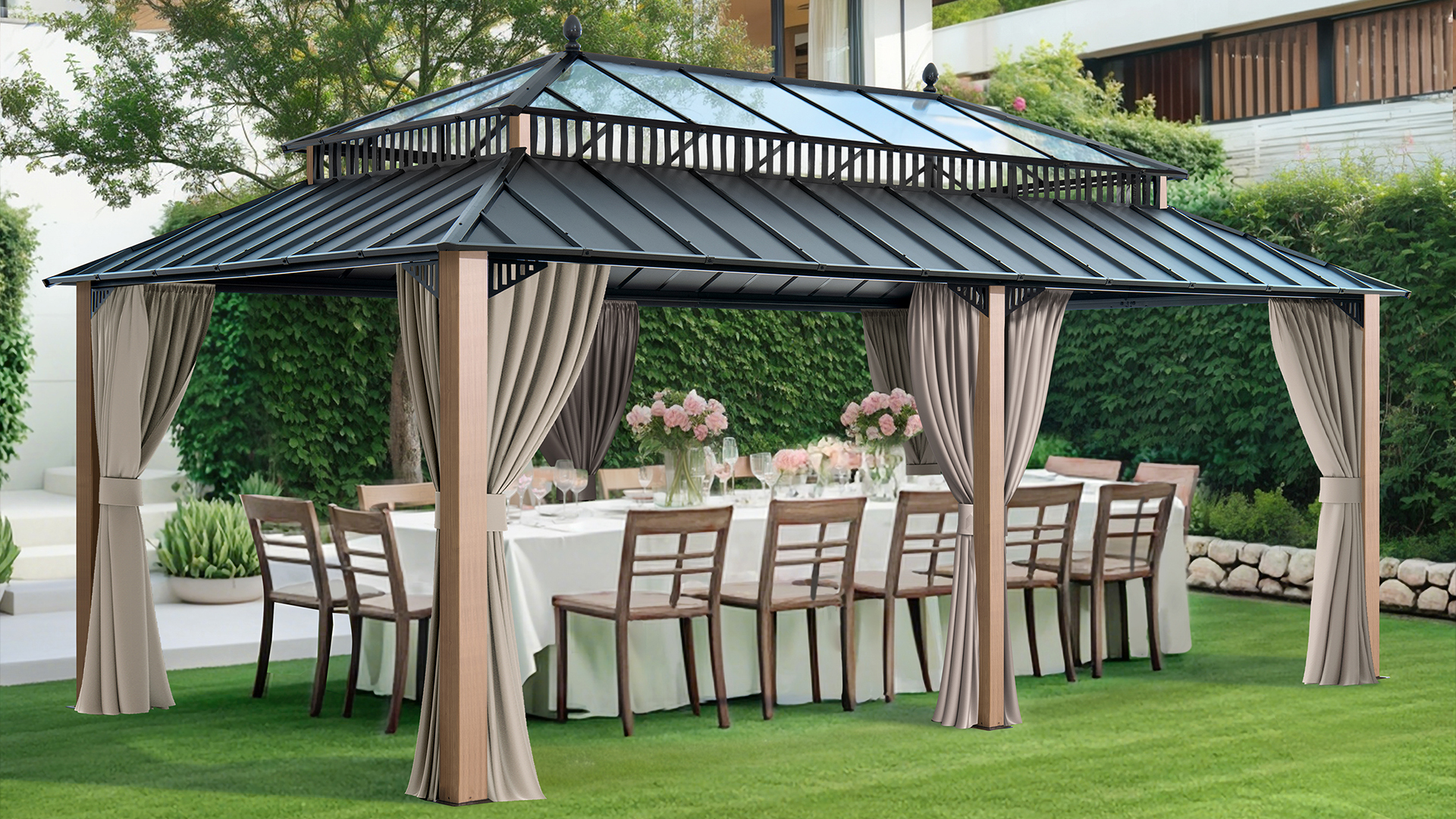 thumbnail video image 2 of Sunjoy 20x12 Gazebo Steel & PC Roof Hardtop with Curtain Woodgrain Aluminum Posts, Kingston Series, 2 of 13