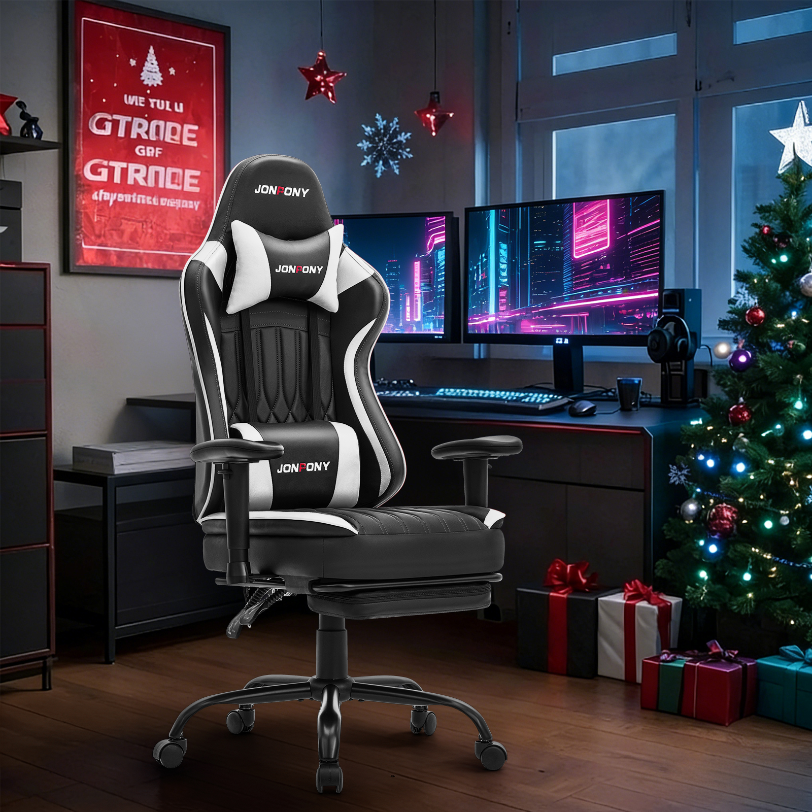 thumbnail video image 2 of JONPONY Big and Tall 500lbs Gaming Chair with Bluetooth Speakers, Gamer Chair with Footrest and Lumbar Support & 360-Swivel Seat, Ergonomic Gamer Chair with Headrest, White, 2 of 9