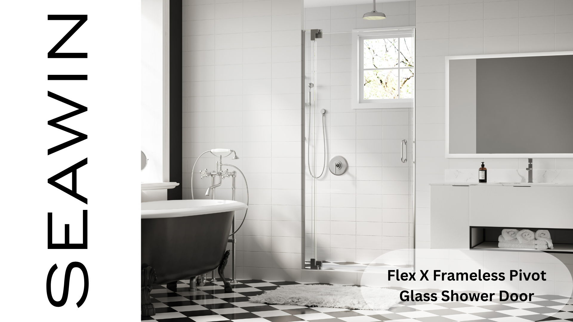 thumbnail video image 2 of Seawin 36-39 in. W x 72 in. H Flex X Pivot Frameless Shower Door 3/8 in Thick Clear Tempered Glass with NanoShield Glass Coating, Stainless Steel Hardware (Satin Gold), 2 of 10