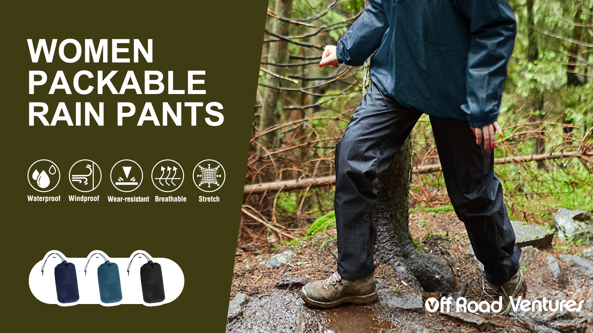 thumbnail video image 2 of Off Road Ventures Woman Waterproof Rain Pants Lightweight Packable Wind Pants for Golf Hiking Outdoor, 2 of 4