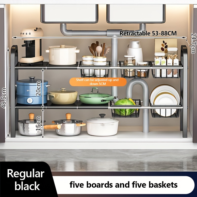 thumbnail video image 2 of Under Sink Organizers and Storage Metal Under Sink Organizers and Storage Expandable Shelf for Kitchen Bathrooms Cabinet_4 Boards ,4 Baskets, 2 of 11