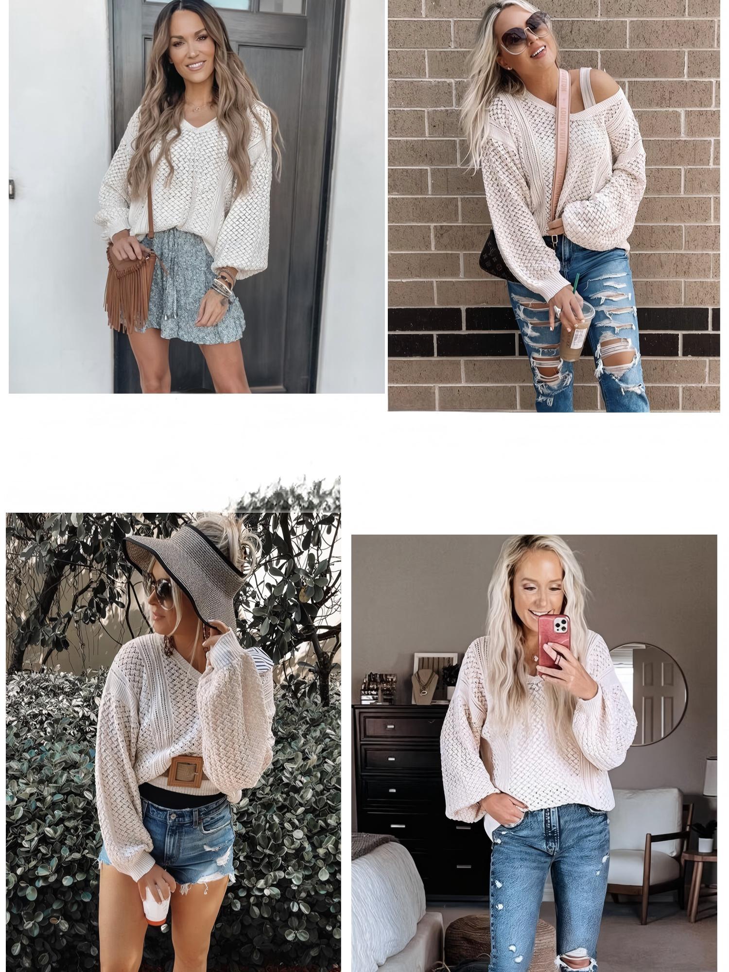thumbnail video image 2 of NAYTOAO Women Hollow Out Crochet V Neck Batwing Sleeve Boho Knit Sweater, 2 of 6