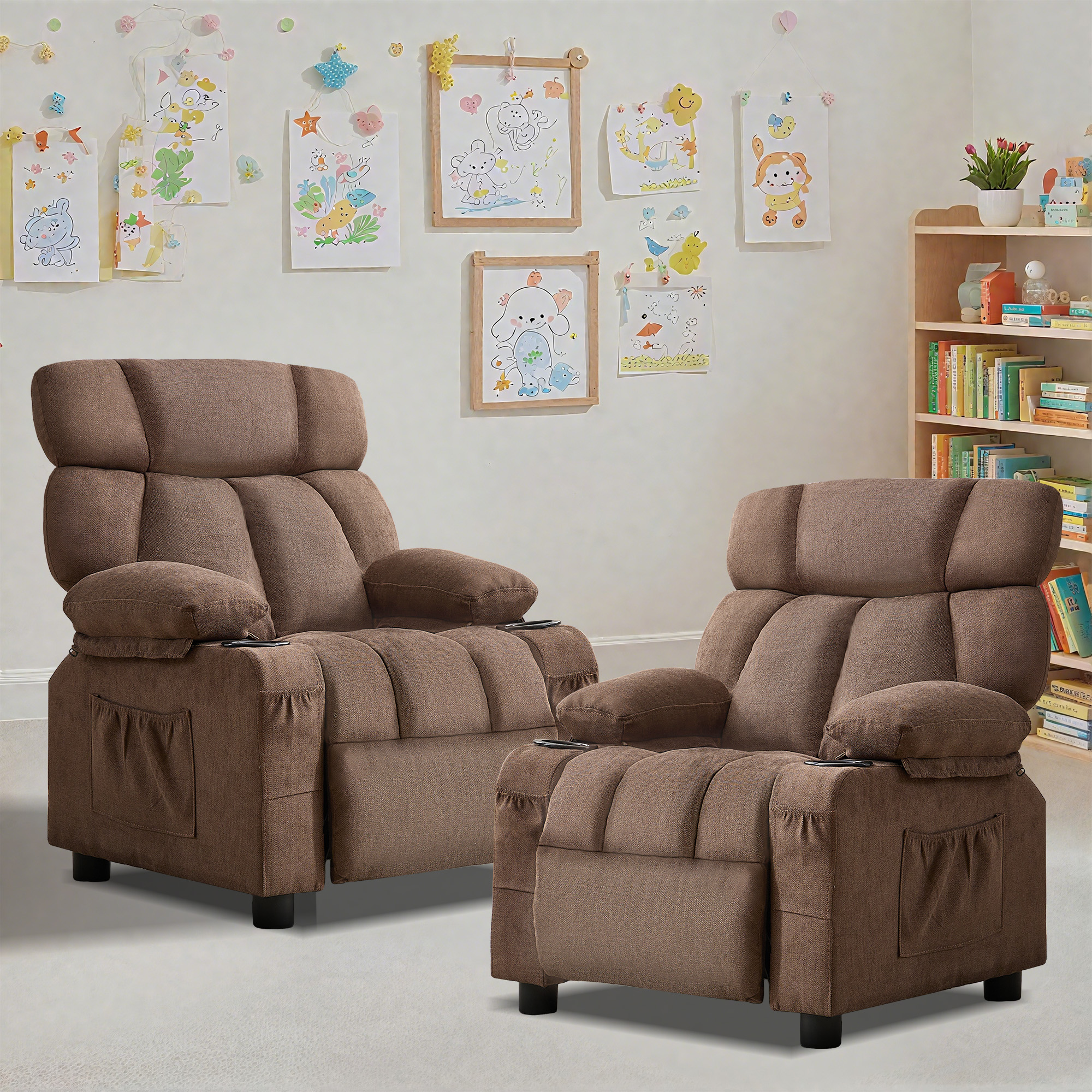 thumbnail video image 2 of JONPONY Kids Recliner Chair,Push Back Toddler Recliner with Cup Holders & Side Pockets,Adjustable Footrest & Headrest Kids Sofa for Boys Girls 3+ Age Group, Brown, 2 of 12