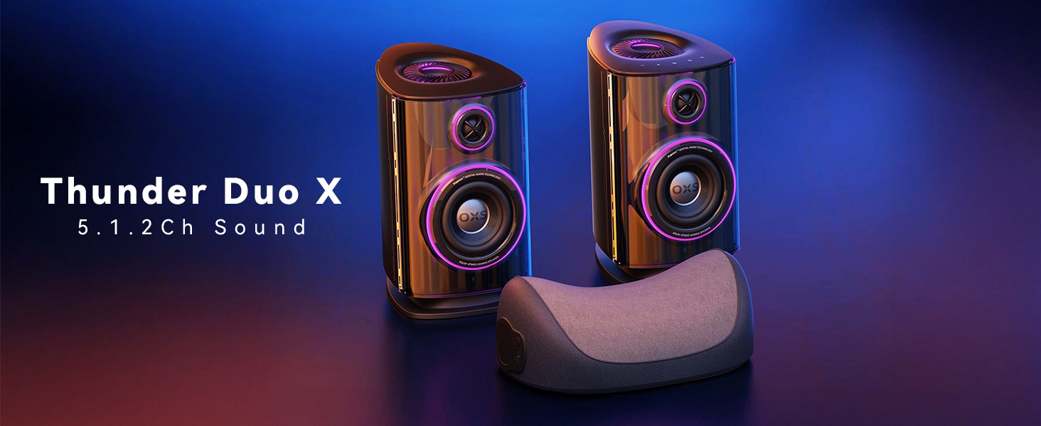 thumbnail video image 2 of OXS Thunder Duo X Gaming Speaker System with Dolby Atmos, 5.1.2ch, 2 Bookshelf Speakers and 1 Neck Speaker, Studio-Grade Audio, Dynamic RGB, Multi EQ Modes, App Custom, HDMI 2.1, USB-C, Bluetooth, 2 of 9