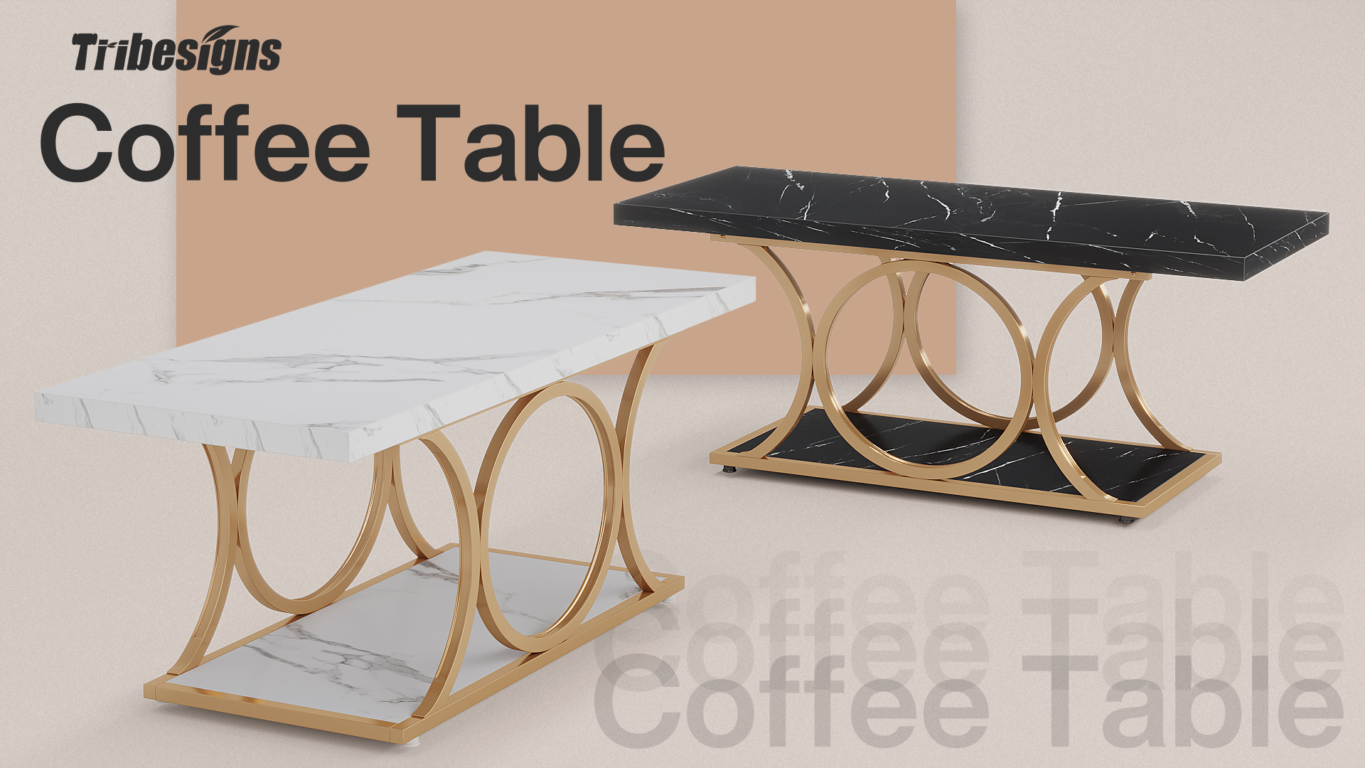 thumbnail video image 2 of Tribesigns 47.24-inch Rectangle Coffee Table, 2-Tier Faux Marble Coffee Tables for Living Room, White Gold, 2 of 6