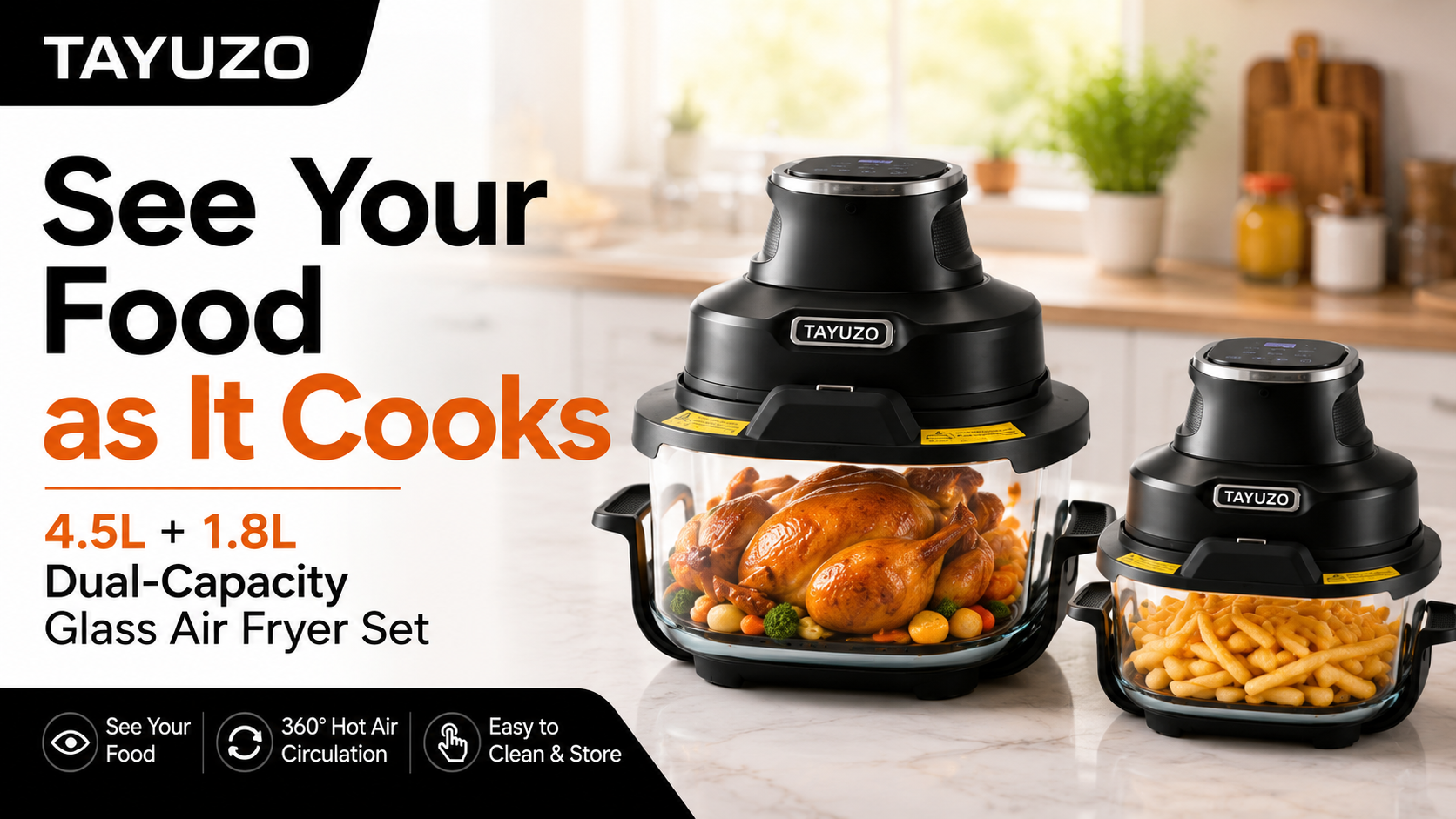 thumbnail video image 2 of TAYUZO Glass Air Fryer Set – PFAS-Free Cooking with Clear Glass Bowl & 6-in-1 Digital Presets, 2 of 9