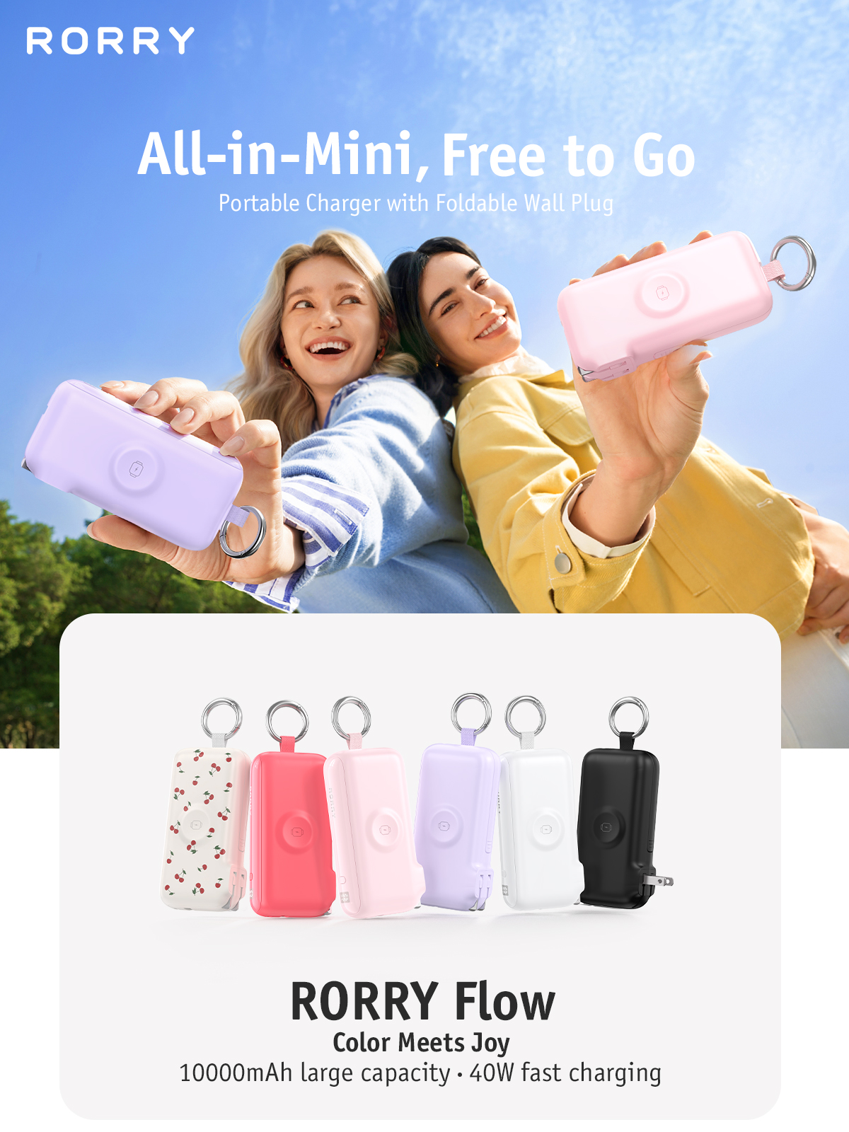 thumbnail video image 2 of RORRY Flow 10000mAh Portable Charger with Built-in USB-C Cable & Foldable Wall Plug, 40W Fast Charging Power Bank Compatible for iPhone 17/16/15, Apple Watch, iPad, MacBook, Android, Berry pink, 2 of 9