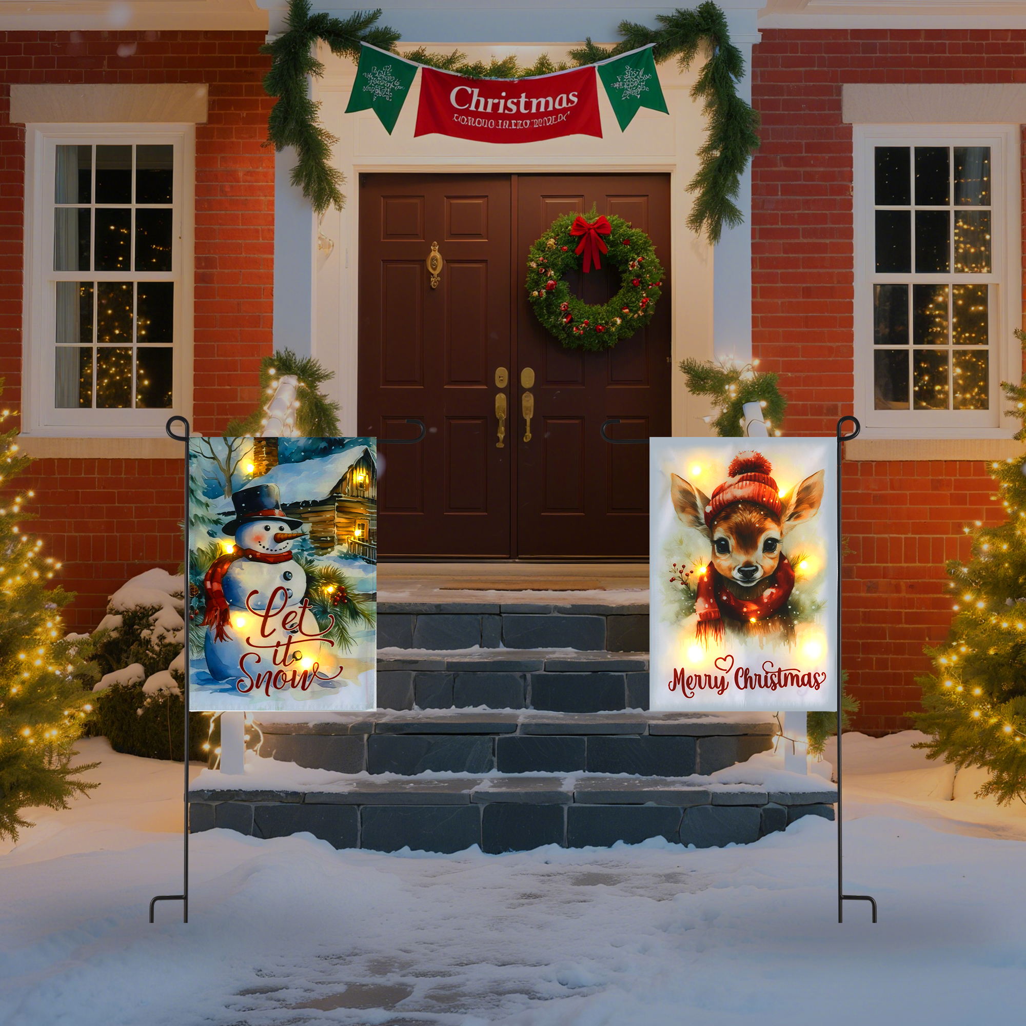 thumbnail video image 2 of Heynemo Christmas Solar Garden Flag with Lights, LED 12"x18" Double-Sided Snowman Yard Flag, Snowman Garden Decoration for Lawn, Porch, Path, 2 of 11