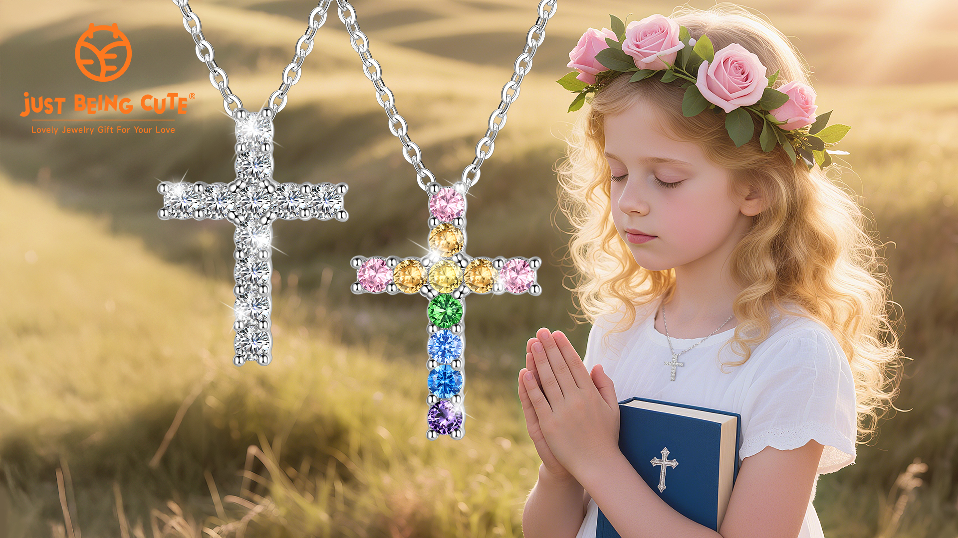 thumbnail video image 2 of JustBeingCute Silver Cross Necklace for Girls, God Bless You Cubic Zircon Pendant Necklace for Women Baptism Easter Jewelry Gifts with Card, 2 of 11