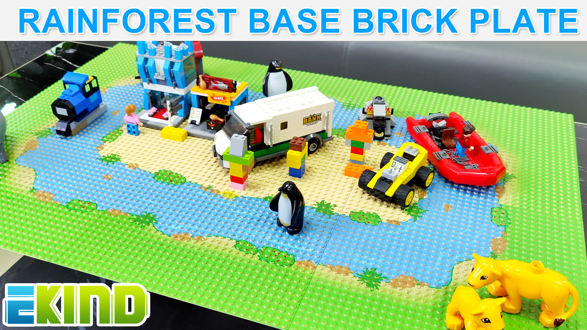 thumbnail video image 2 of EKIND 2-Pack 10" x 10" Rainforest Base Brick Plate Compatible for All Major Brands, Scenes Baseplates for River, Tropical Treehouse Scenery and More Building Blocks Kids Toy (2 Straight), 2 of 7