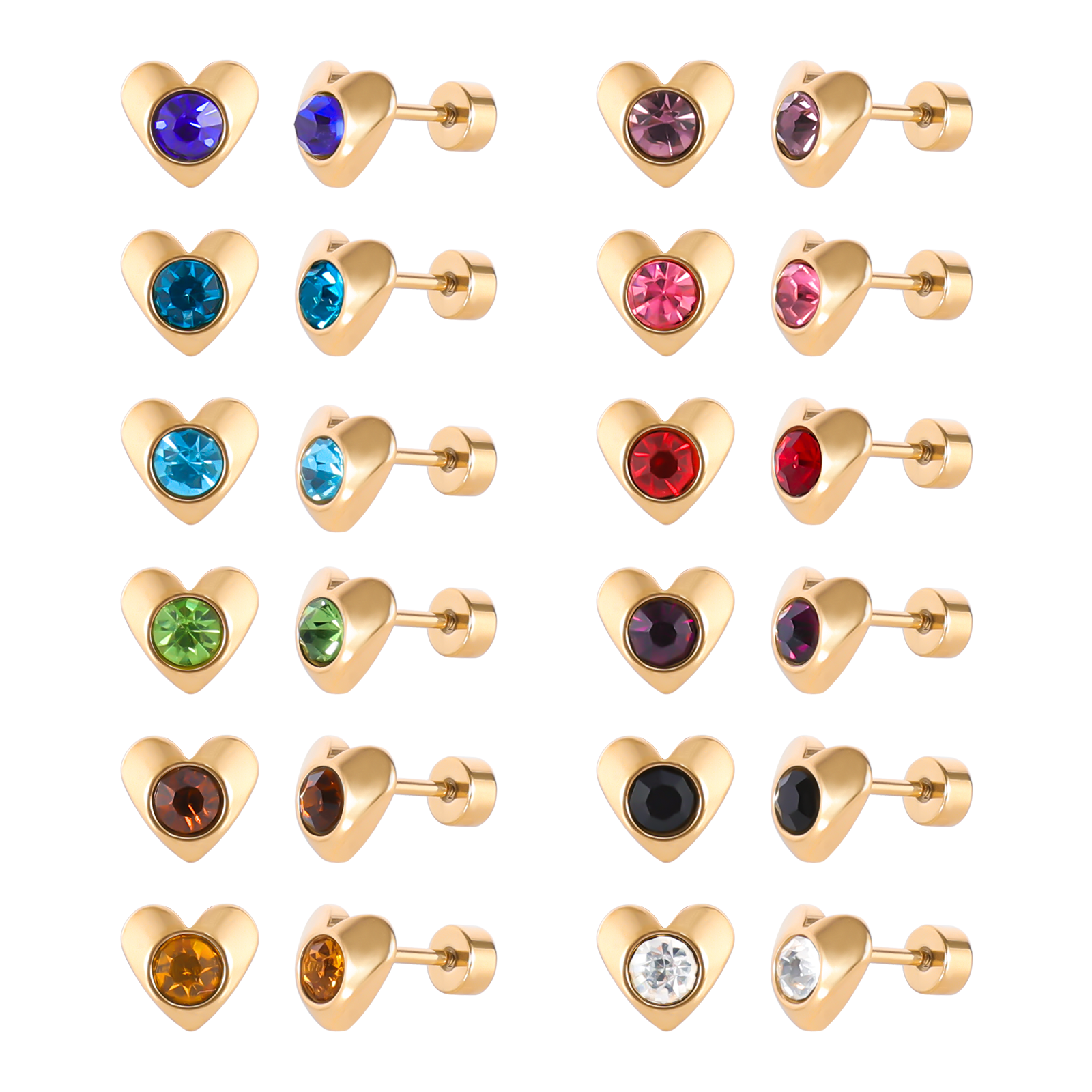 thumbnail video image 2 of 12 Pairs Surgical Stainless Steel Flat Back Birthstone Cubic Zirconia Stud Earrings, Gold Plated Screw Back Round Star Heart Flower Hexagon Triangle CZ Stud Earrings Set, 2 of 8