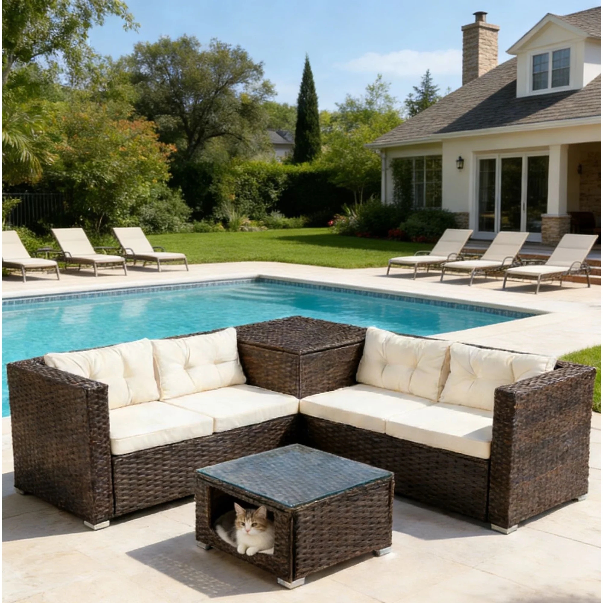 thumbnail video image 2 of Ktaxon 4-Piece Patio Brown Rattan Sofa Set, 2 Loveseats with Storage & Pet Coffee Table, Beige Cushions, Boho Chic Living Room Furniture, 2 of 14