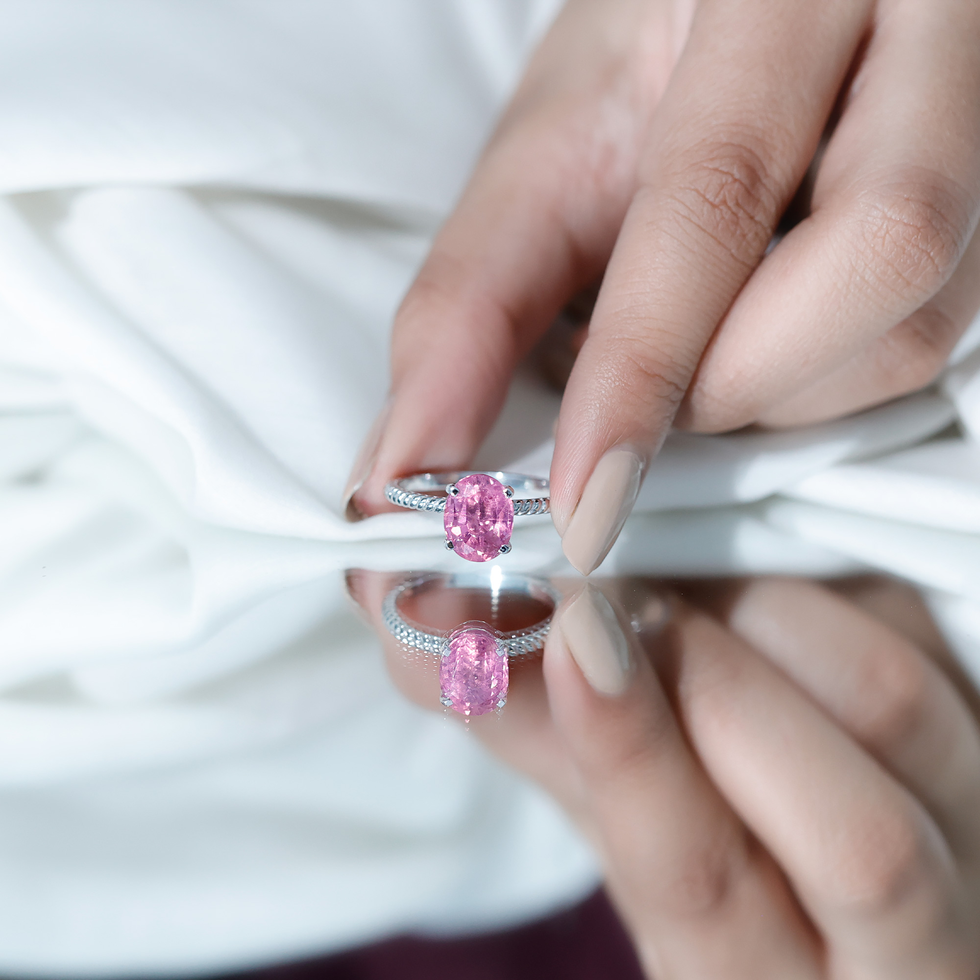 thumbnail video image 2 of Rosec Jewels Lab Grown Pink Sapphire Oval Engagement Ring - 8X10 mm - Big Solitaire Sapphire Ring - AAAA Grade - with Jewelry Box, 14K White Gold, US 5.50, 2 of 8