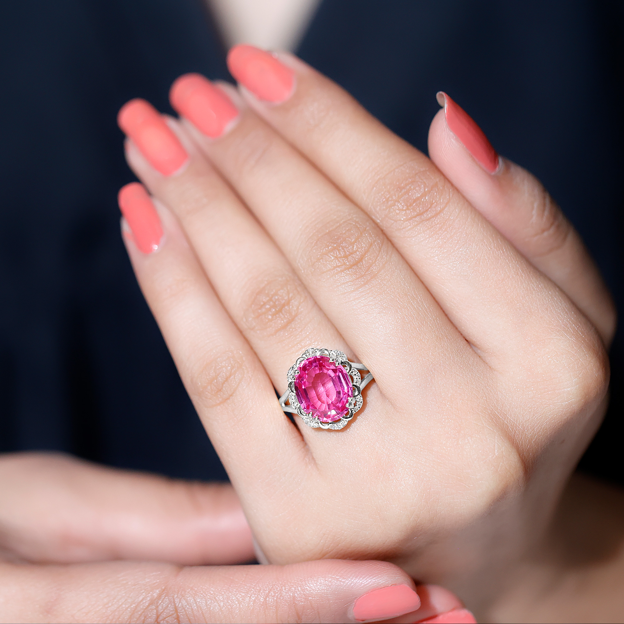 thumbnail video image 2 of Rosec Jewels Lab Grown Pink Sapphire Oval Engagement Ring with Diamond - 10X12 mm - Vintage Style Ring - AAAA Quality Certified, 14K Yellow Gold, US 12.00, 2 of 8