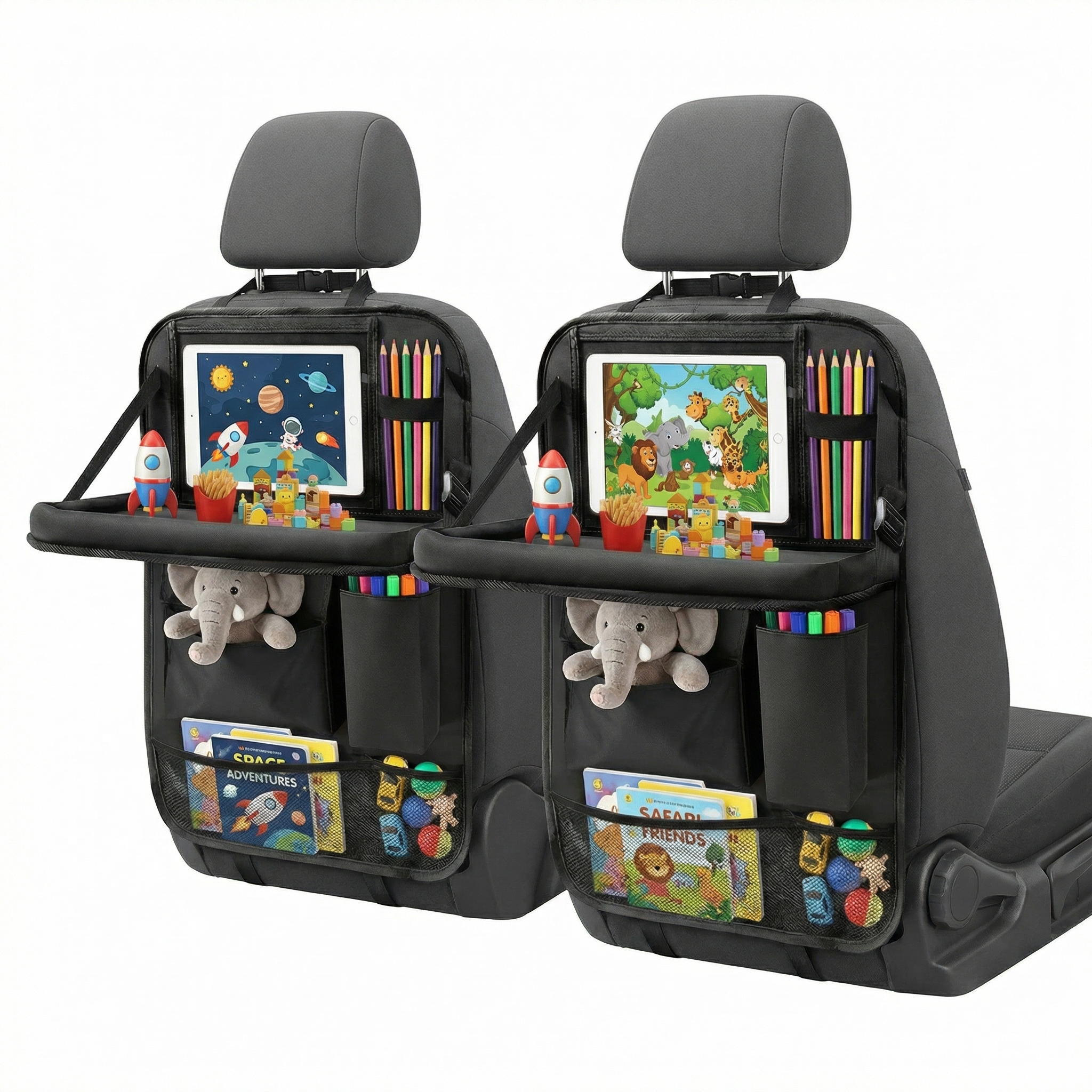 thumbnail video image 2 of Black Car Backseat Organizer with 10 Storage Pockets & Tablet Holder, Kick Mats Protector for Kids, Perfect for Family Road Trips & Daily Travel Accessorie (2-Pack), 2 of 8