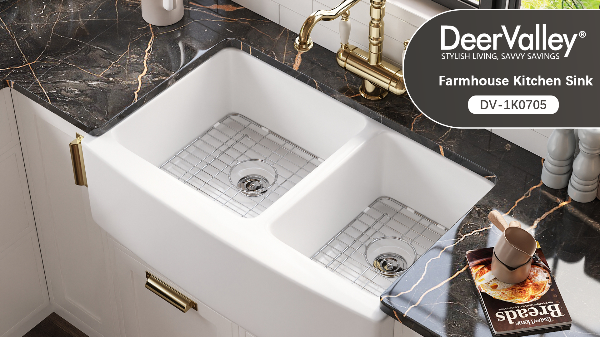 thumbnail video image 2 of DeerValley Farmhouse Apron Kitchen Sinks Fireclay 33" Double Bowl Rectangular in White， DV-1K705, 2 of 18