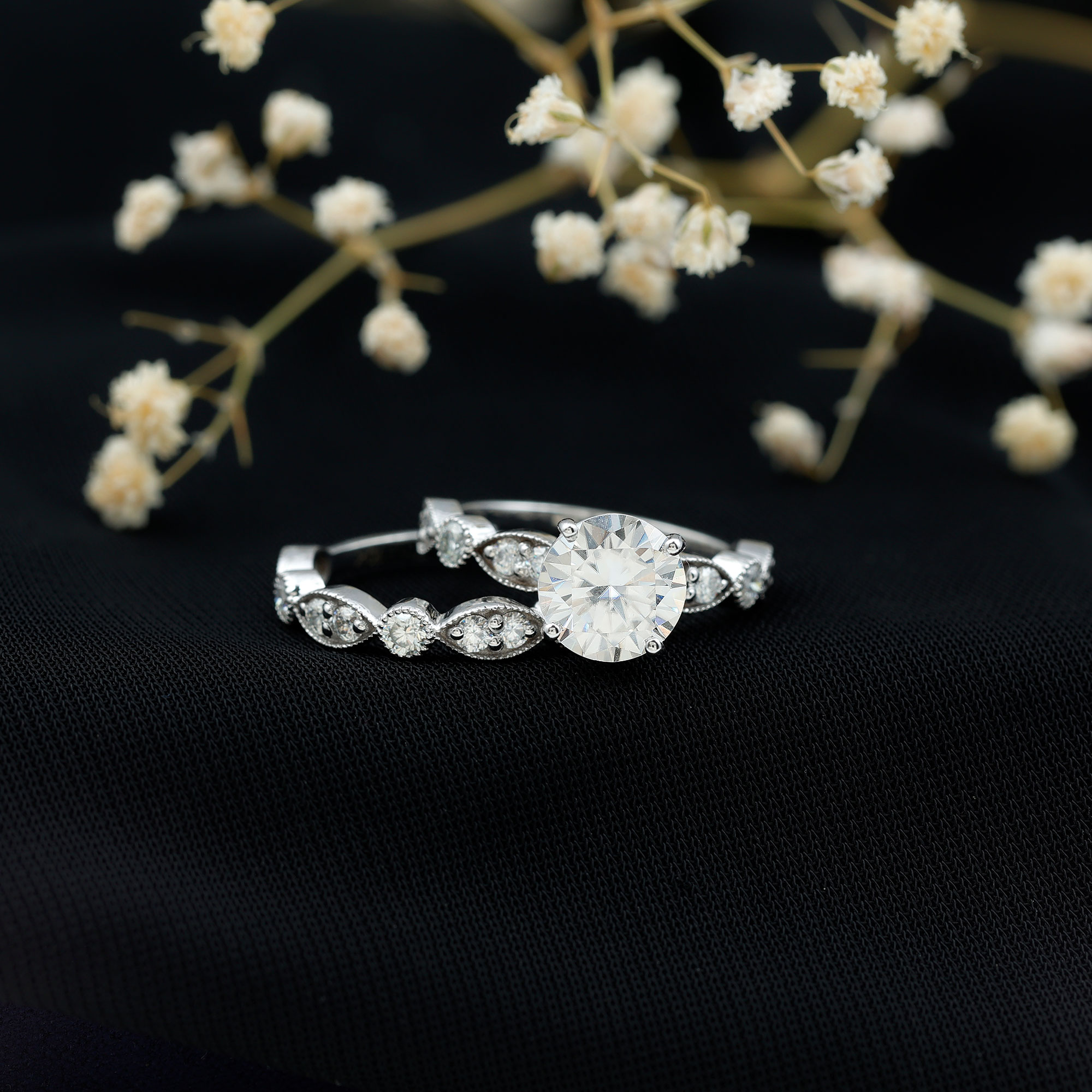 thumbnail video image 2 of Rosec Jewels Moissanite Wedding Ring Set for Women - 2 Carat Engagement Ring with Band - D-VS1 Grade Authentically Certified, 10K Yellow Gold, US 10.00, 2 of 9