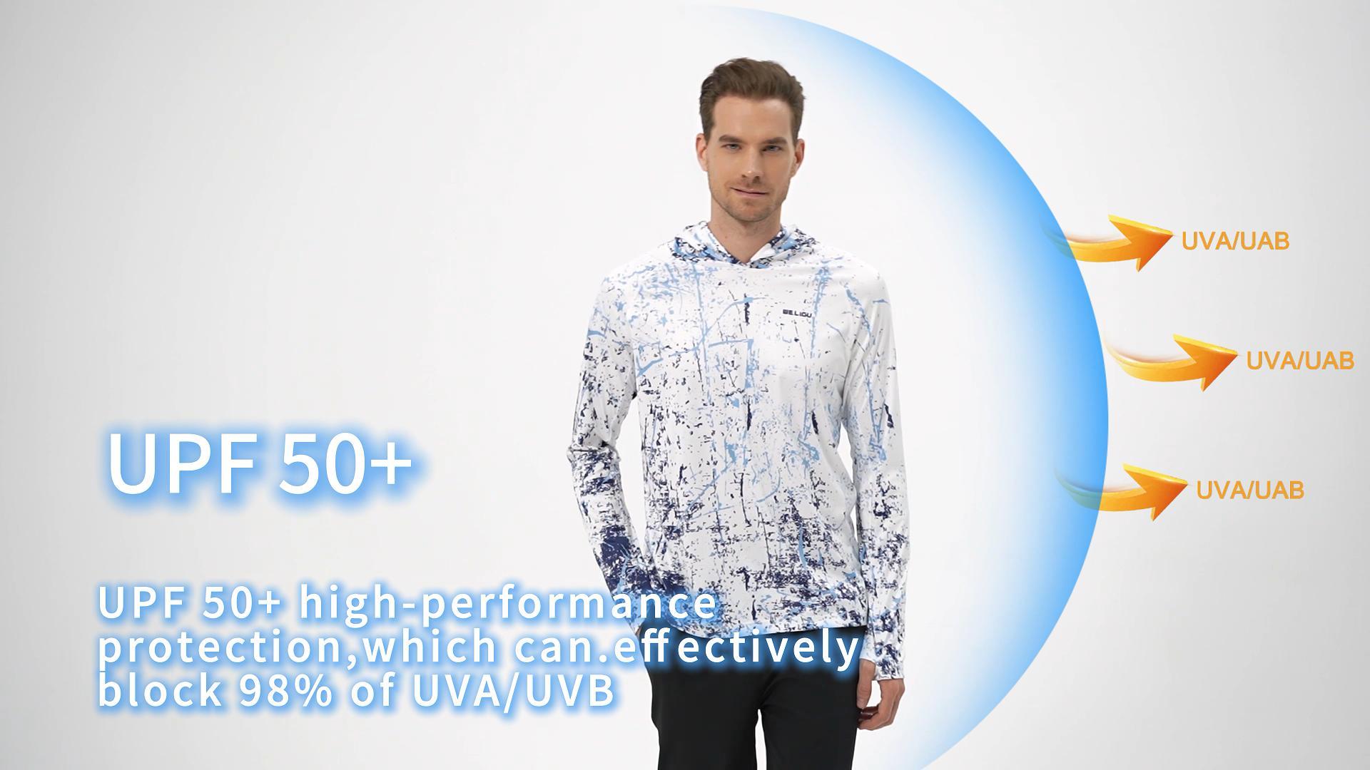 thumbnail video image 2 of WELIGU Men's Fishing Shirt Long Hoodie Sleeve Sun Protection UV UPF 50+ T-Shirts Outdoor Hiking Lightweight Fluorescent Blue Small, 2 of 8