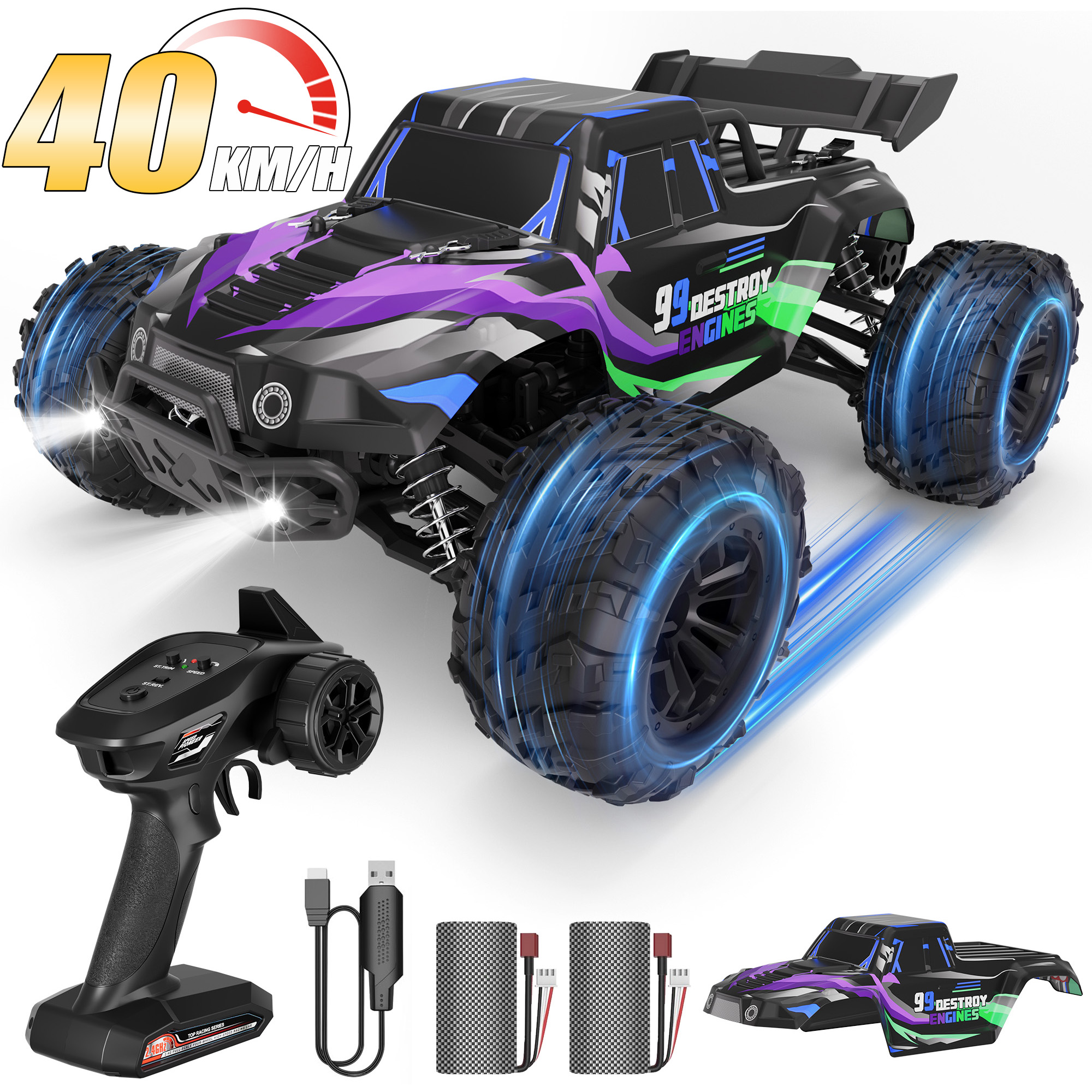 thumbnail video image 2 of Yexmas 1:16 Scale Fast Large RC Car,40+KM/H All Terrain High Speed Remote Control Car, 4x4 RC Monster Truck with 60 Min Runtime,2 Batteries,Gifts Toys for Kids & Adults,Purple, 2 of 9