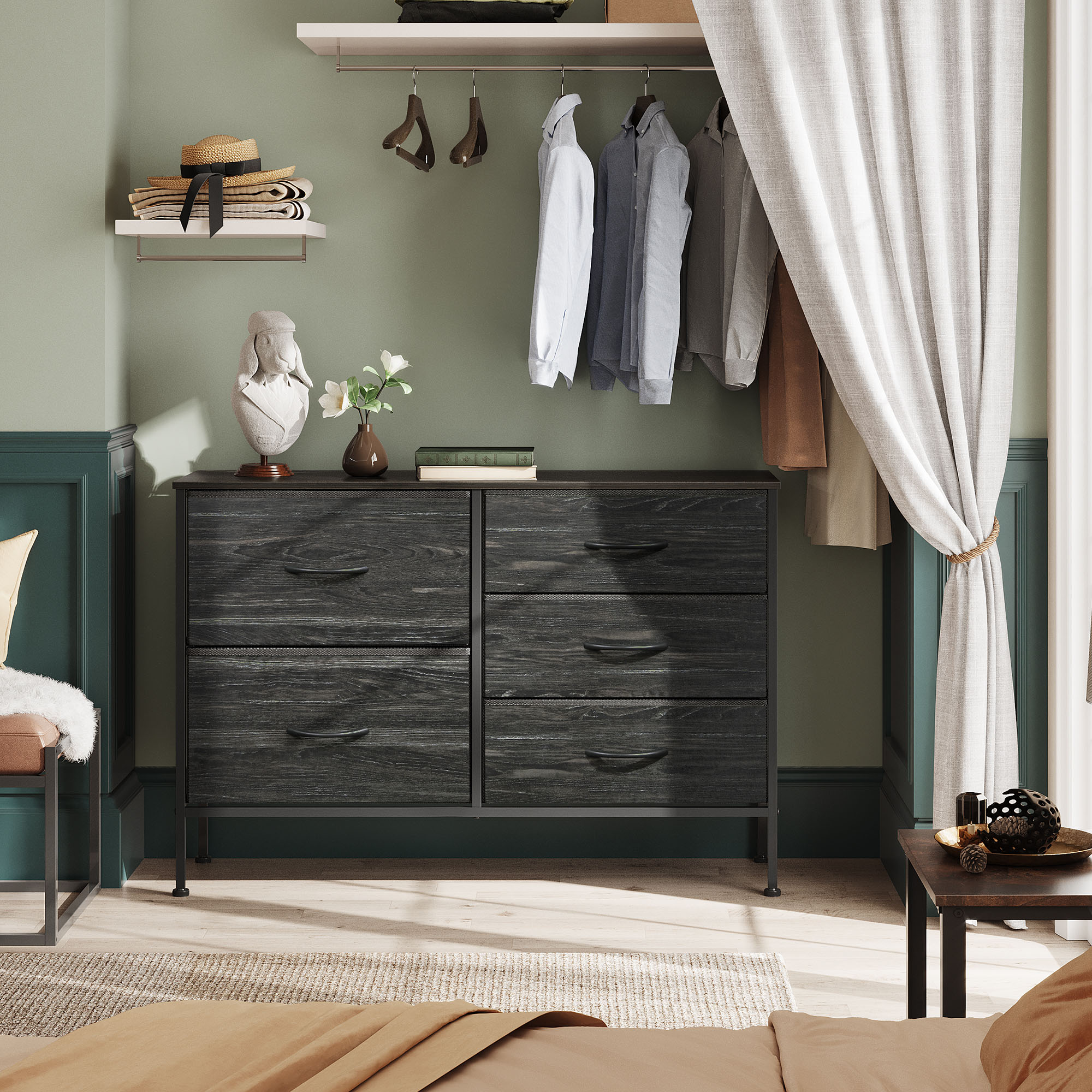 thumbnail video image 2 of GALAXHERO 5 Drawer Dresser for Bedroom, Wide Chest of Drawers Nightstand Storage Organizers with Wood Top for Living Room, Hallway, Dark Grey, 2 of 7
