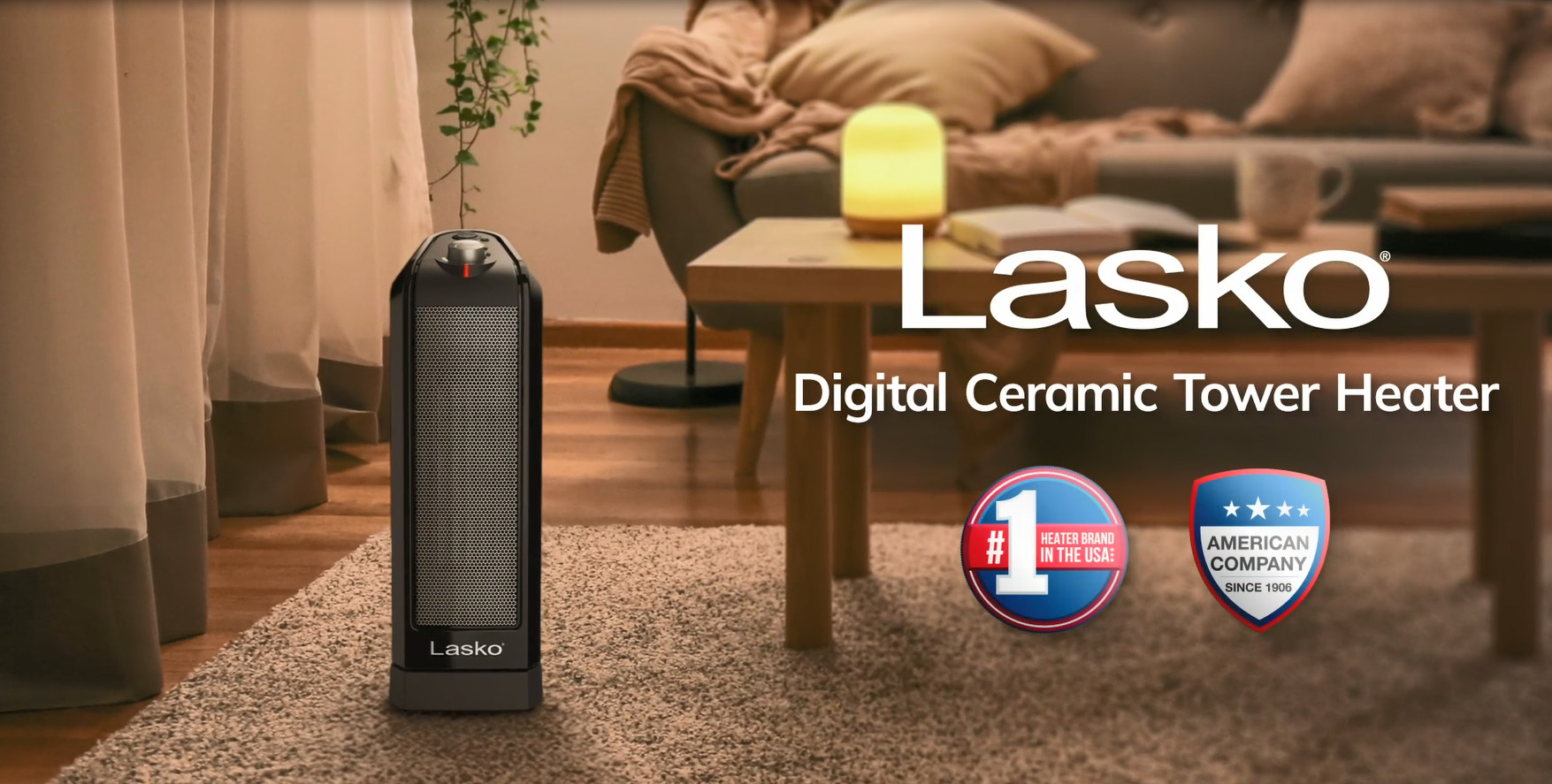 thumbnail video image 2 of Lasko 16" 1500W Electric Oscillating 2-Speed Ceramic Tower Space Heater, Black, CT16450, 2 of 11