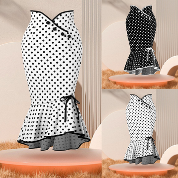 thumbnail video image 2 of Baqcunre Ruffles Bodycon Fishtail Skirt Retro Polka Dot Casual Party Pencil Skirt Midi Skirt Skirts For Fall 2023 Skirt Long Skirt Women Clothing Skirts For Women,Color Black,Size 2XL, 2 of 4