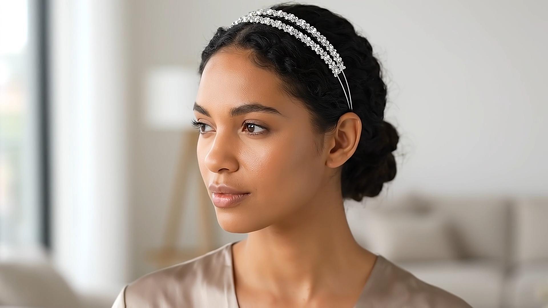 thumbnail video image 2 of Miallo Elegant Double Layer Rhinestone Headband, Minimalist Silver Crystal Hair Accessory for Wedding Bridesmaid and Party, 2 of 7