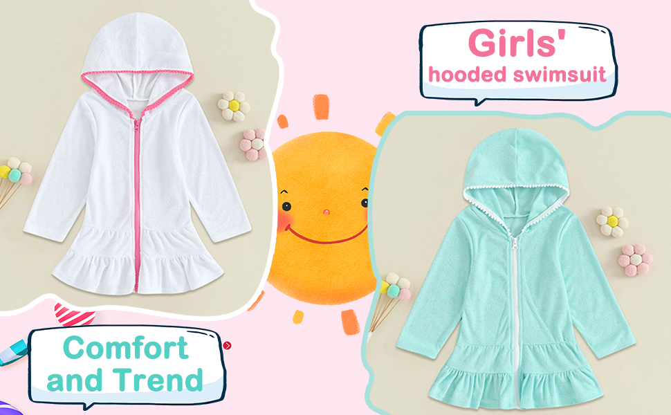 thumbnail video image 2 of LNMQLPDBS Girls Swim Cover Up Toddler Girl Long Sleeve Swimsuit Beach Dress Baby Beach Towel Ruffle Toddler Swim Cover Up Terry Bathrobe Hooded Zip-Up Beach Bathing Suit Wraps * 2pcs, 2 of 5