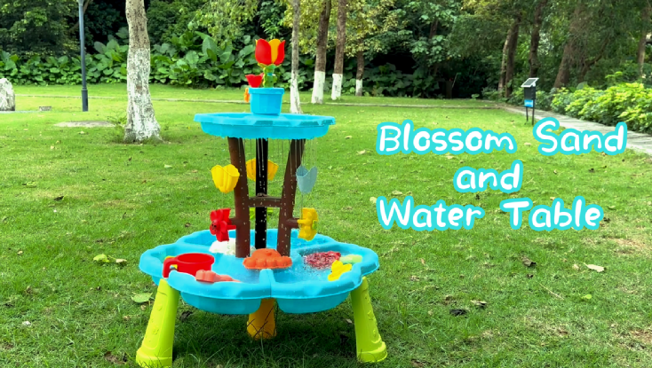 thumbnail video image 2 of WIDELAND Blossom Sand and Water Table for Toddlers, 2-Tier kids Water Play Table with Spinning Wheels and Waterfall Showers for Boys Girls 1-3 ＆3-5, Outdoor Summer Toy for Backyard Beach, 2 of 7