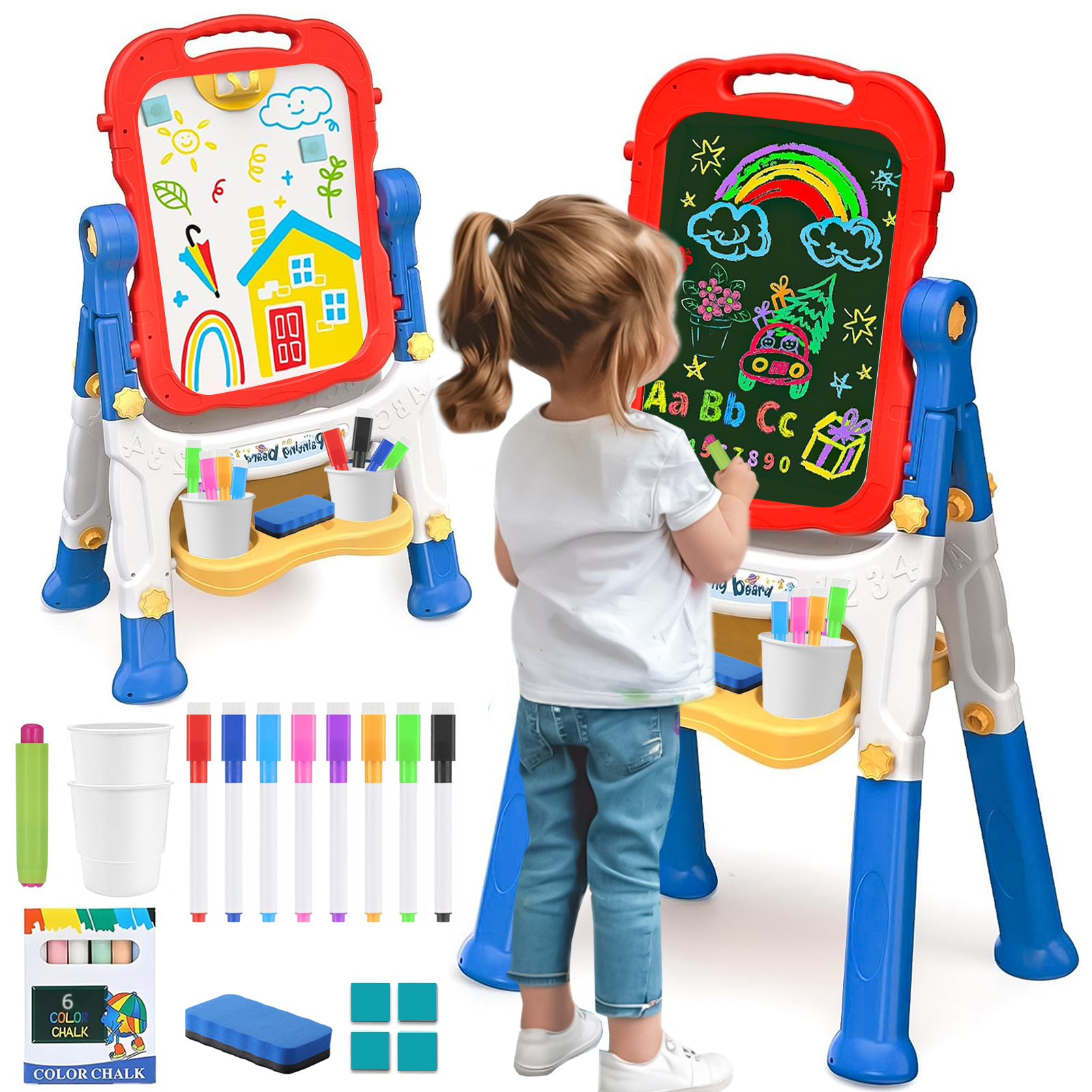 thumbnail video image 2 of Sunforu Double-Sided Magnetic Kid Art Easel, Complete Drawing Station with Whiteboard and Chalkboard, Height-Adjustable, Blue, 2 of 9
