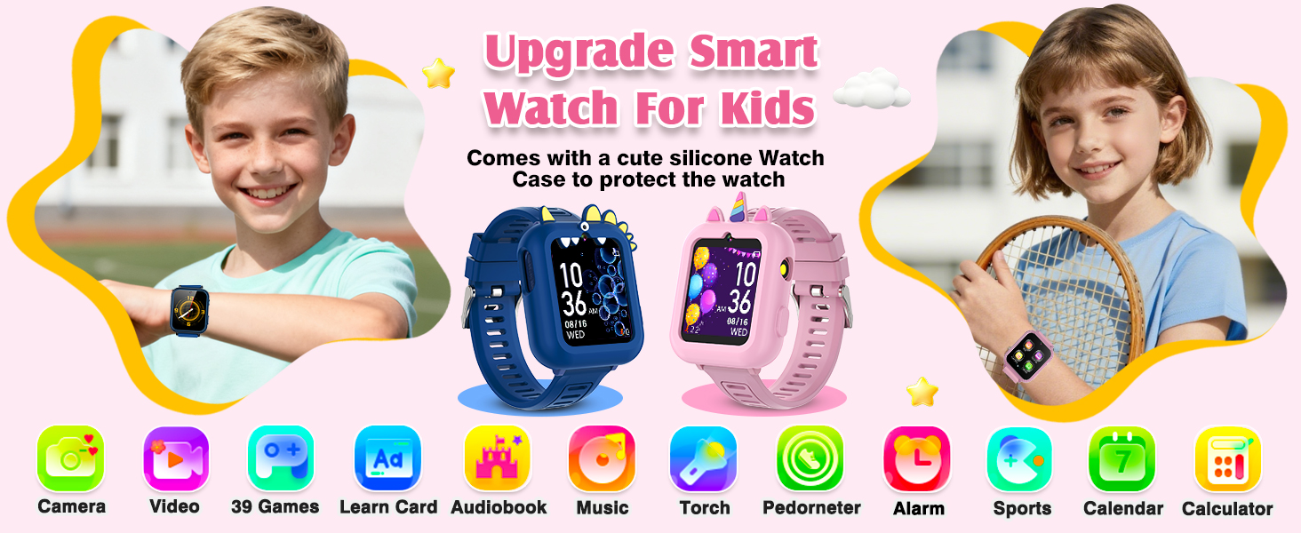 thumbnail video image 2 of Smart Watch for Kids Girls Gift Age 3-12 with 39 Games Alarm Clock Camera Video Music Player Pedometer Flashlight 12/24 hr HD Touch Screen Kids Smart Watch Birthday Toys for Girls Ages 4 5 6 7 8 9 10, 2 of 10