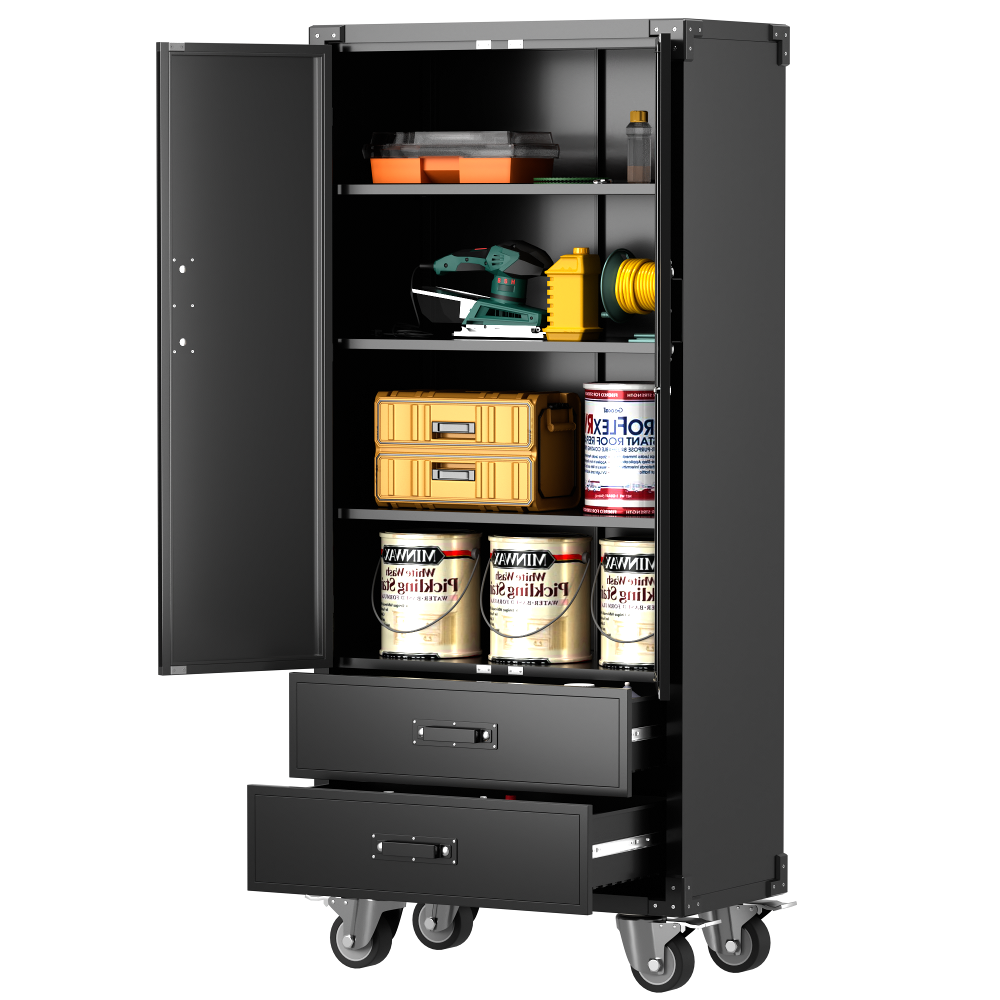 thumbnail video image 2 of HUAXRON Metal Rolling Garage Cabinet, 72" Tall Industrial Storage Cabinet with Wheels and 2 Drawers, Utility Filing Cabinet for Garage, Tool House, Assemble Required (Handle)(Black), 2 of 7