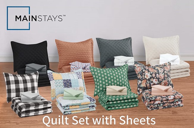 thumbnail video image 2 of Mainstays All in One Reversible Quilt Set and Sheet Set- 7 Piece, Queen, Coral, 2 of 16