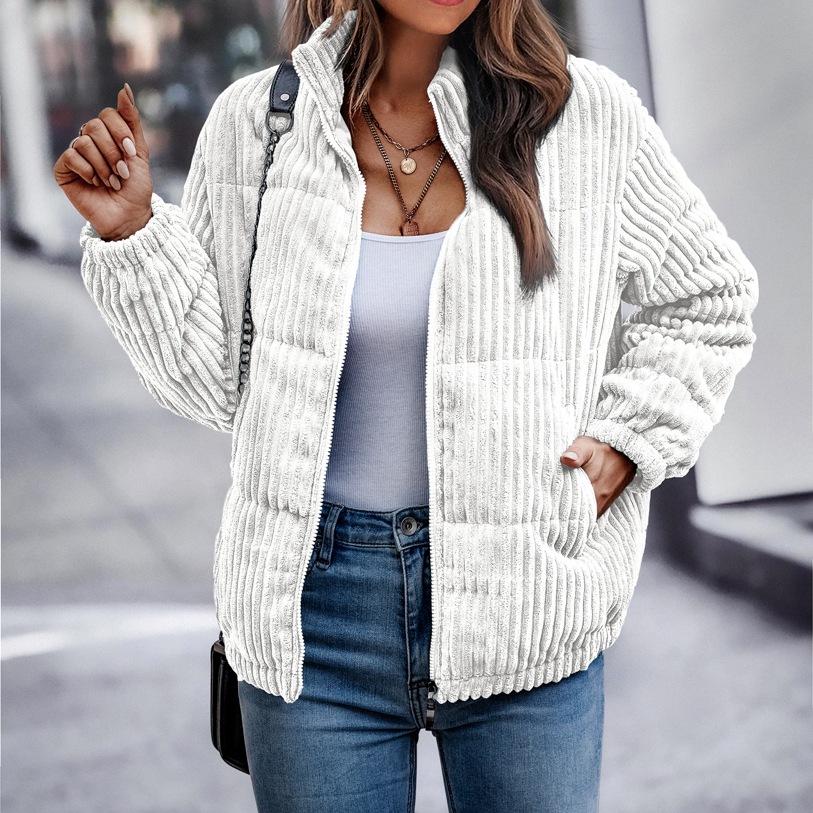thumbnail video image 2 of NAYTOAO Women's Bomber Jacket Corduroy Ribbed Quilted Zip Up Long Sleeve Winter Coat Fall Outerwear Tops with Pockets Beige L, 2 of 5