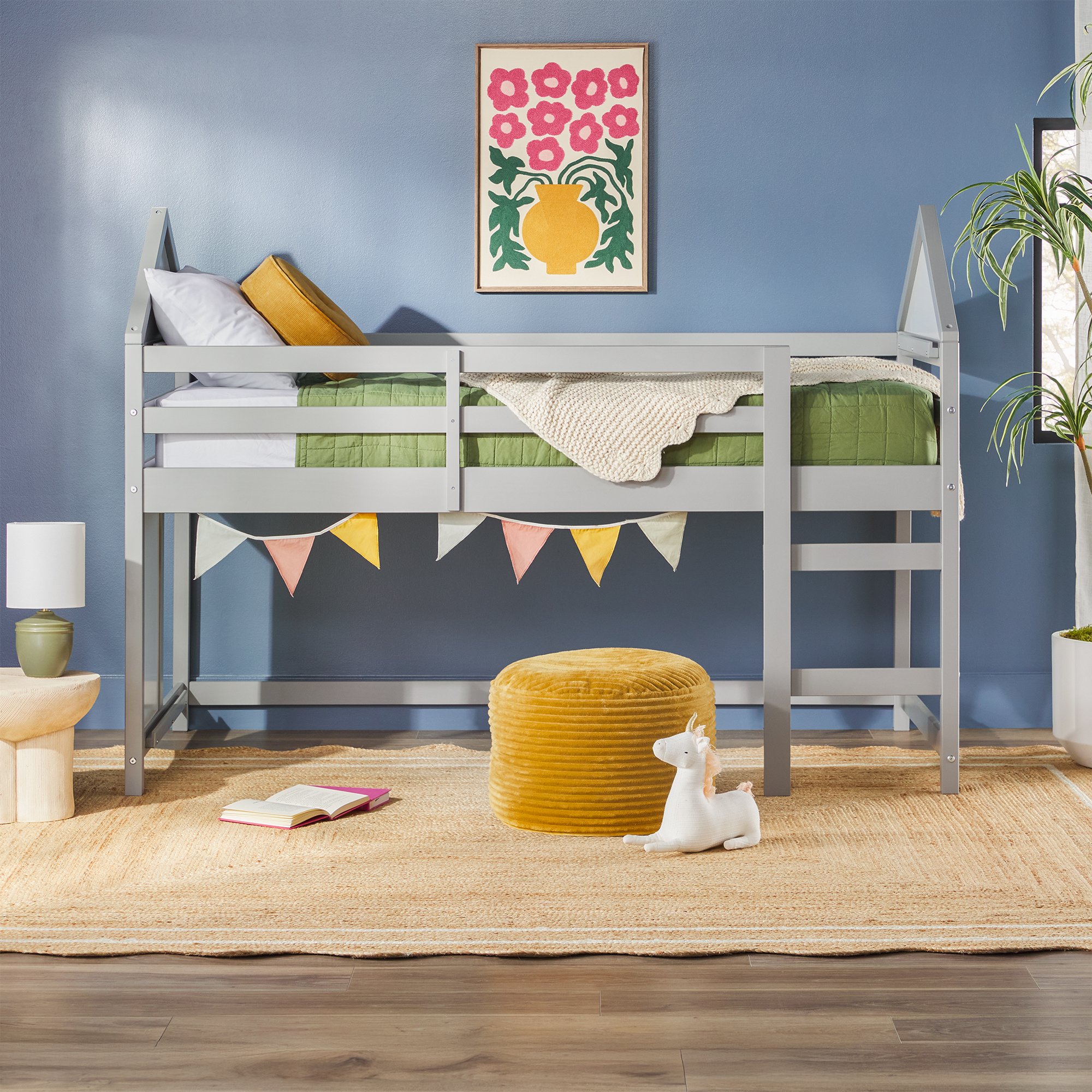 thumbnail video image 2 of Walker Edison Contemporary Twin Low Loft Wooden Bed, Grey, 2 of 11