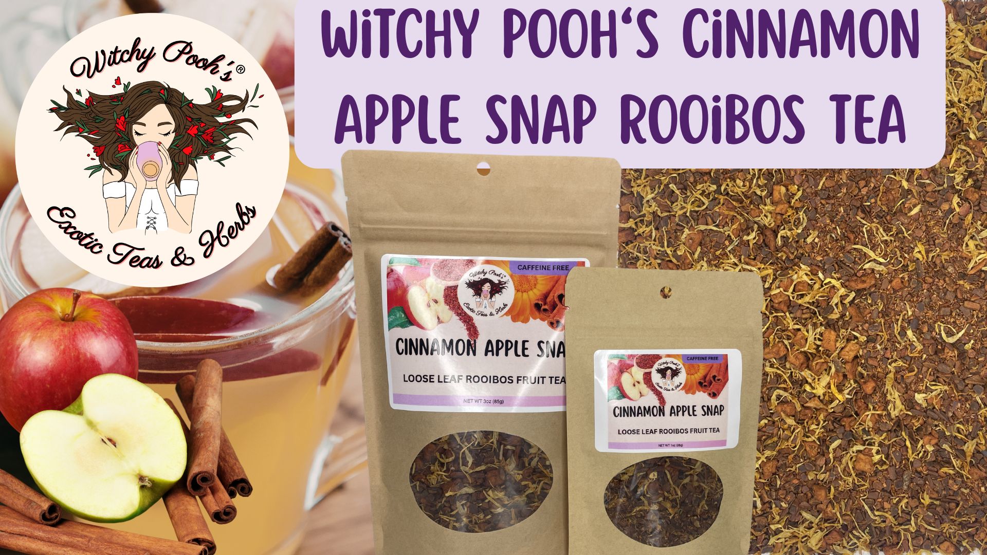 thumbnail video image 2 of Witchy Pooh's Cinnamon Apple Snap Tea - Loose Leaf Rooibos Apple Fruit Tea, Caffeine Free, 3oz, 2 of 6